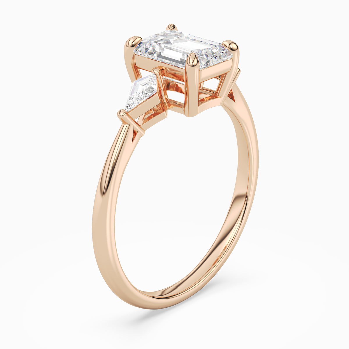 Emerald Kite Side Three Stone Small Sides in 14K Rose Gold angled