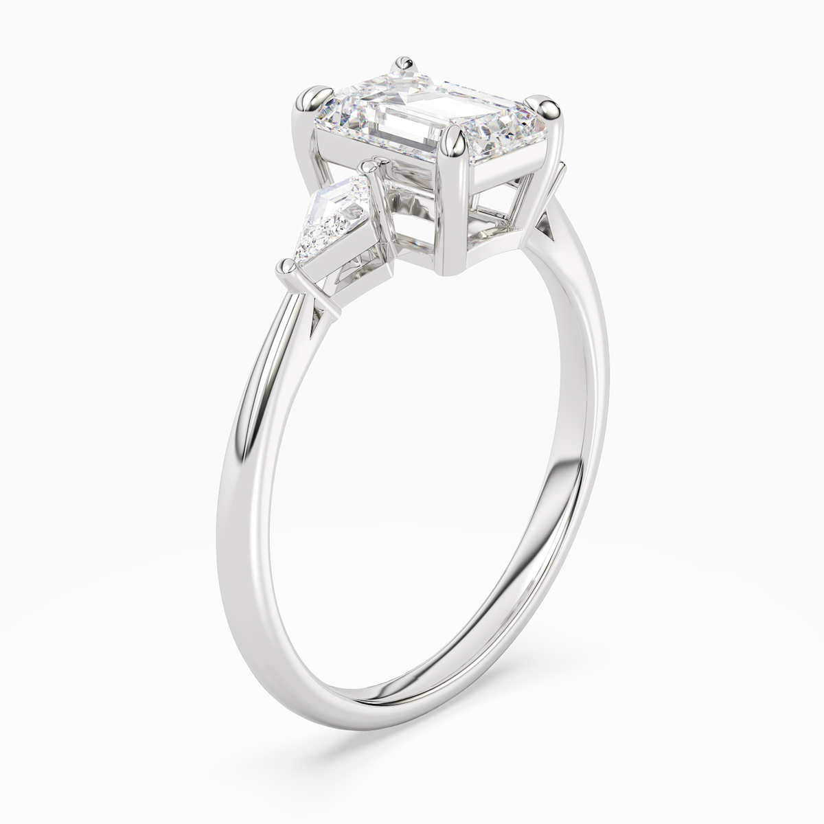 Emerald Kite Side Three Stone Small Sides in 14K White Gold angled