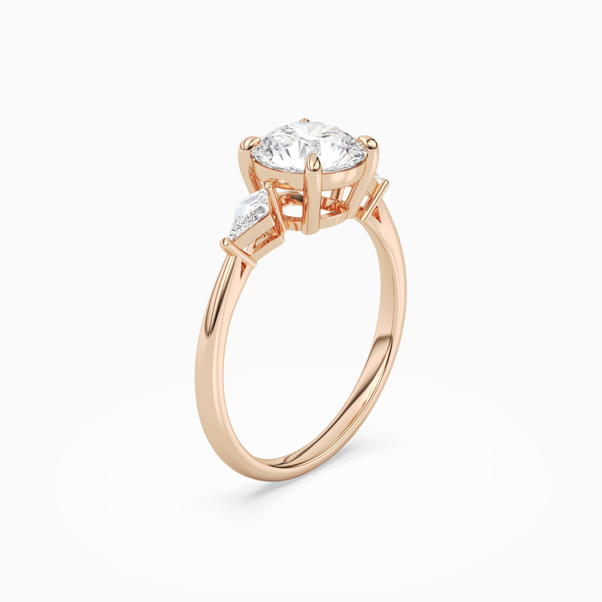 Round Kite Side Three Stone Small Sides in 14K Rose Gold angled