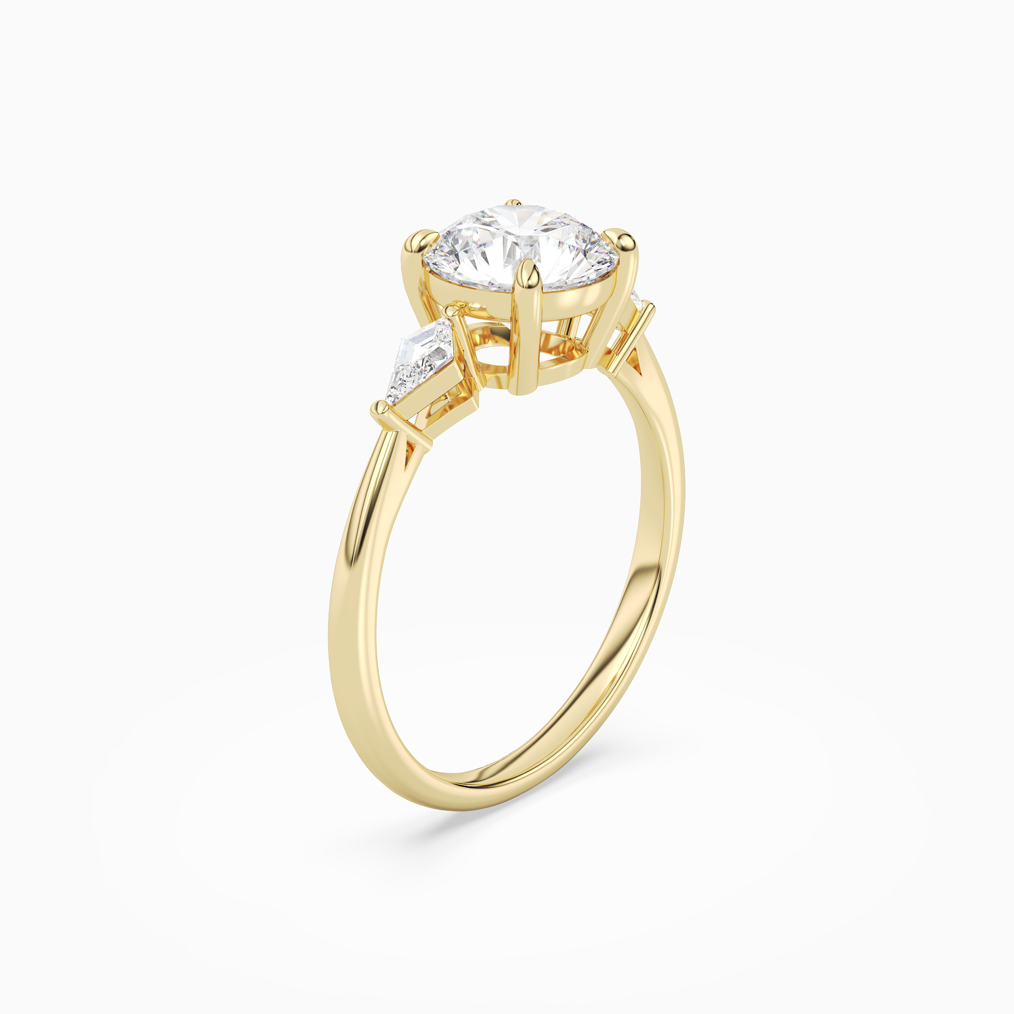 Round Kite Side Three Stone Small Sides in 18K Yellow Gold angled
