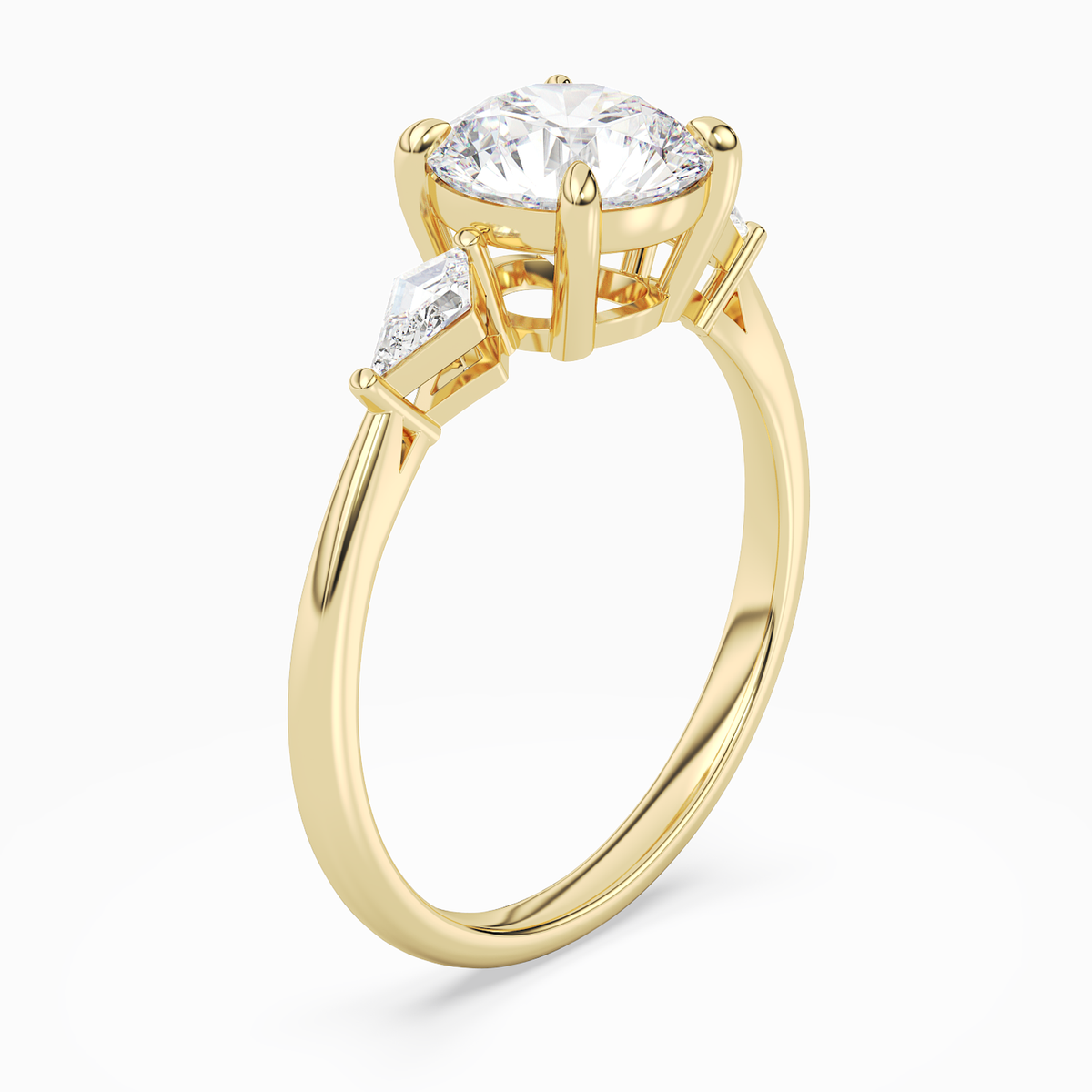 Round Kite Side Three Stone Small Sides in 18K Yellow Gold angled