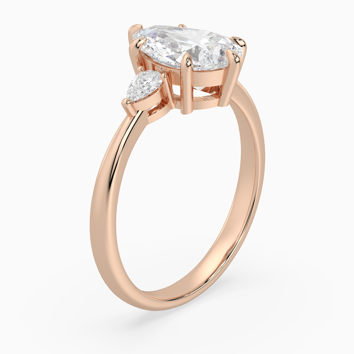 Pear Pear Side Three Stone Classic in 14K Rose Gold angled