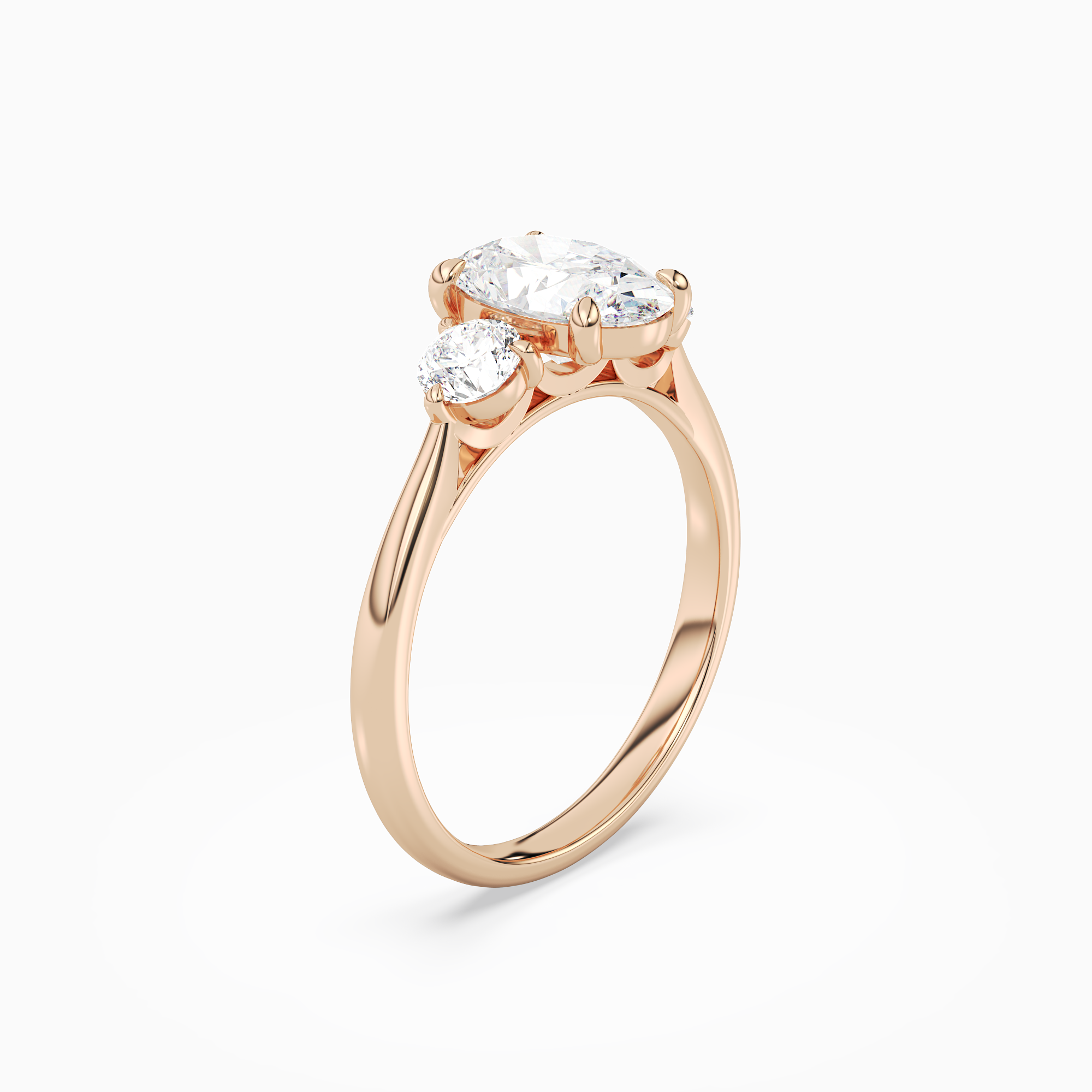 Oval Round Side Three Stone Plain in 14K Rose Gold angled