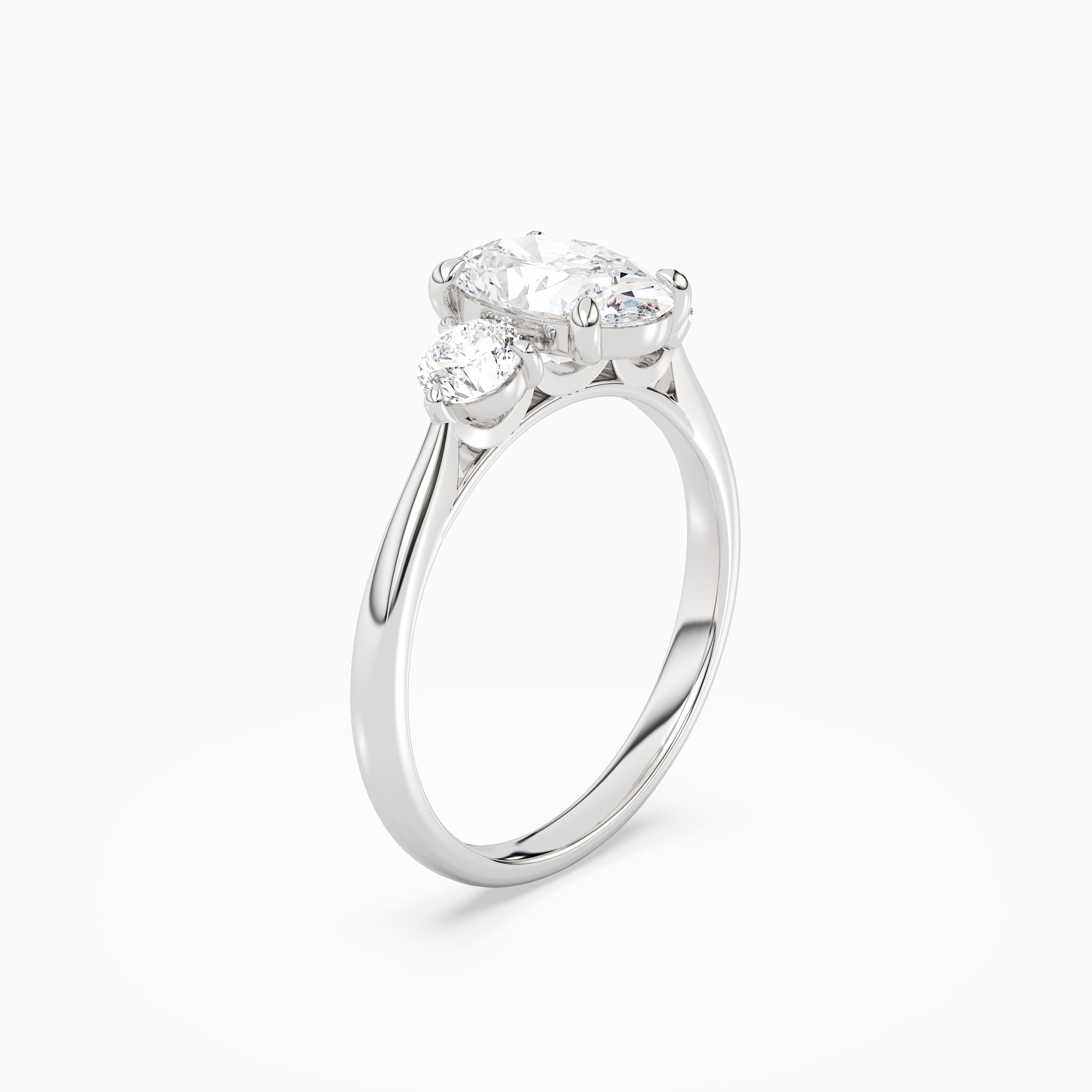 Oval Round Side Three Stone Plain in Platinum angled