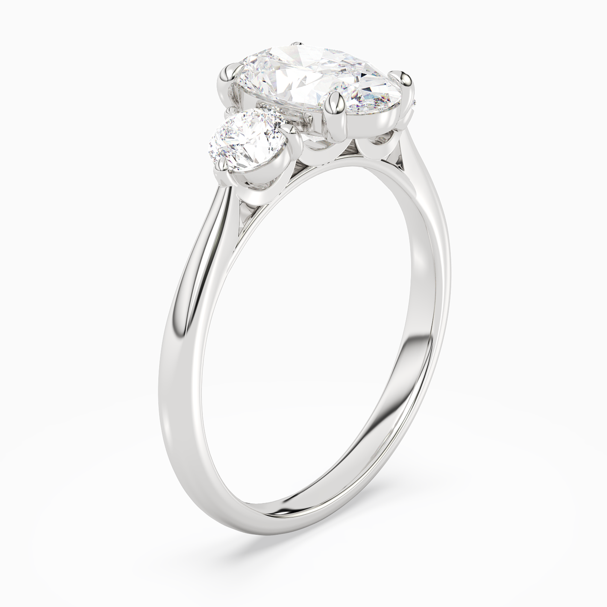Oval Round Side Three Stone Plain in Platinum angled