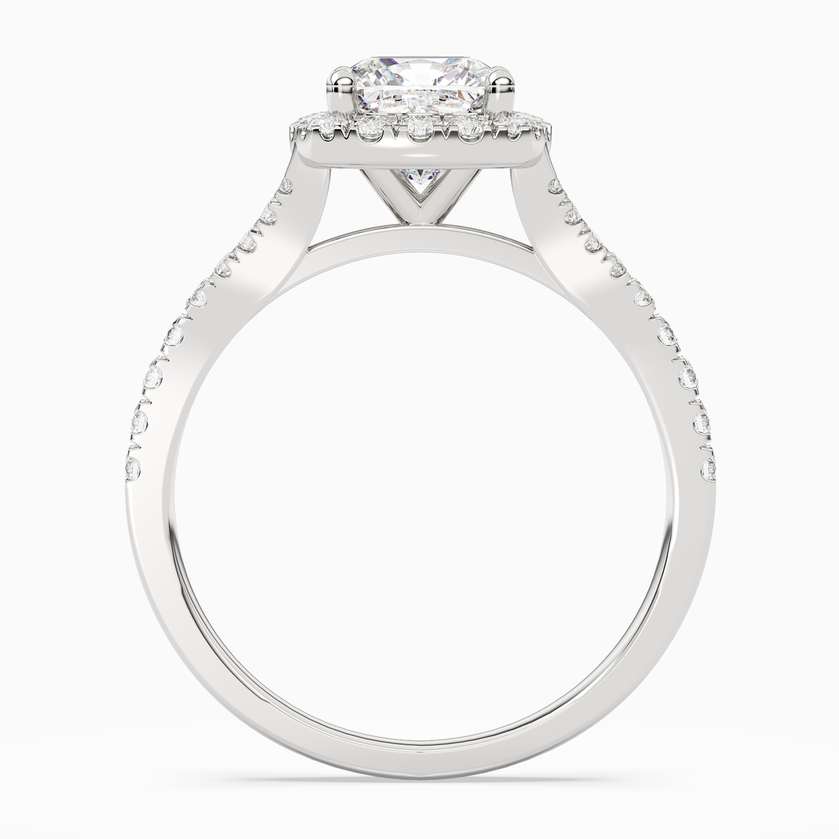 Cushion Classic Halo Split Shank Ring in 14K White Gold side profile