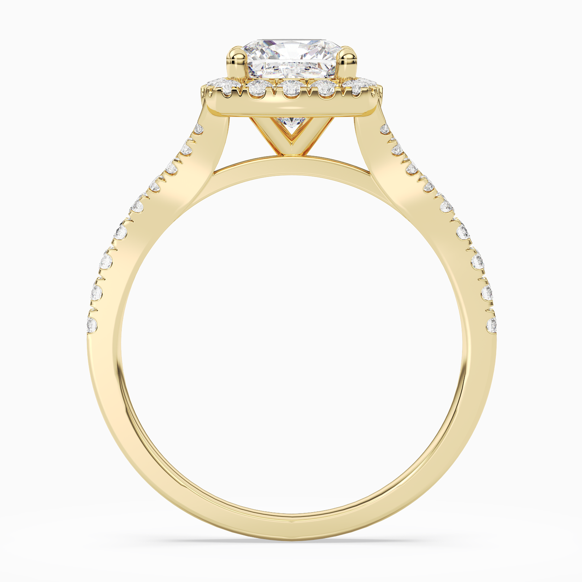 Cushion Classic Halo Split Shank Ring in 14K Yellow Gold side profile