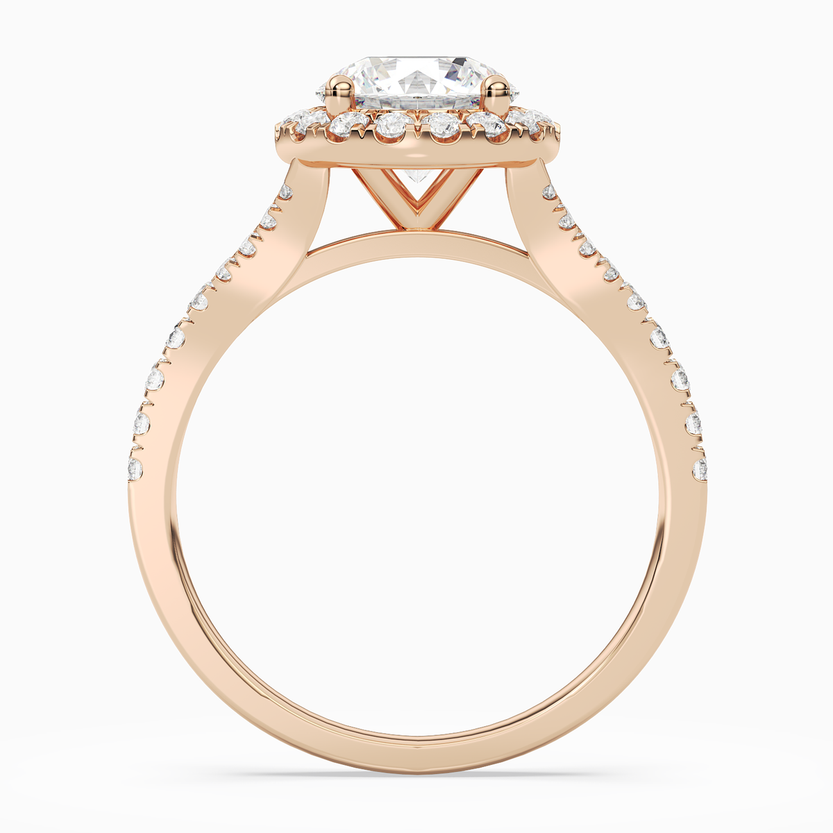 Round Classic Halo Split Shank Ring in 14K Rose Gold side profile