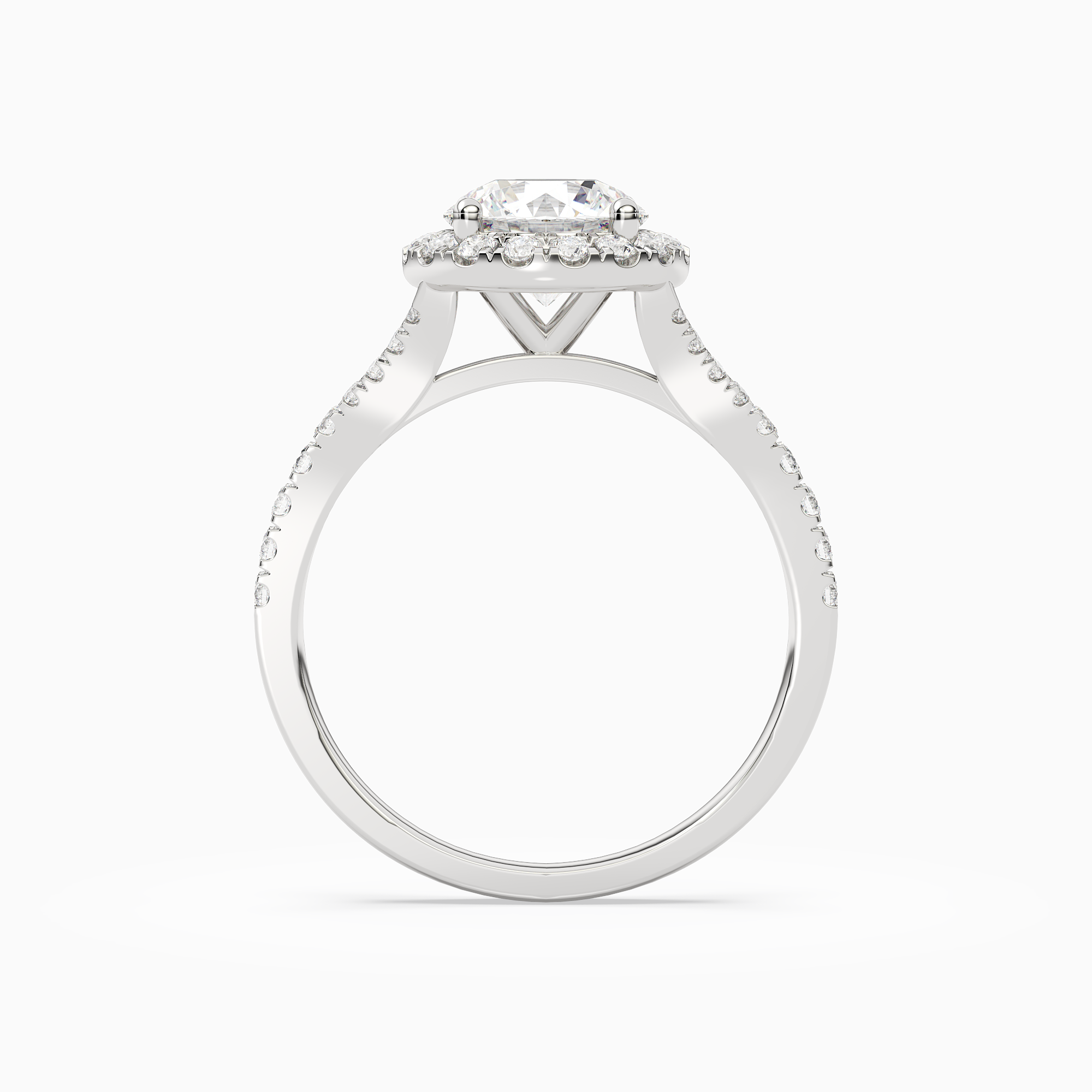 Round Classic Halo Split Shank Ring in 14K White Gold side profile