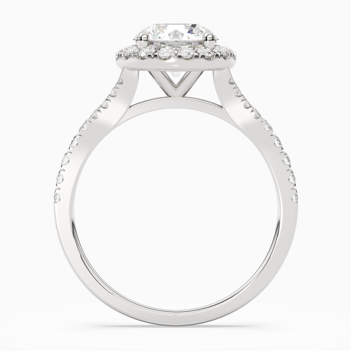 Round Classic Halo Split Shank Ring in 14K White Gold side profile