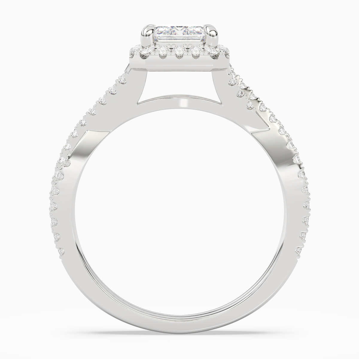 Emerald Twisted Shank Halo in 14K White Gold side profile