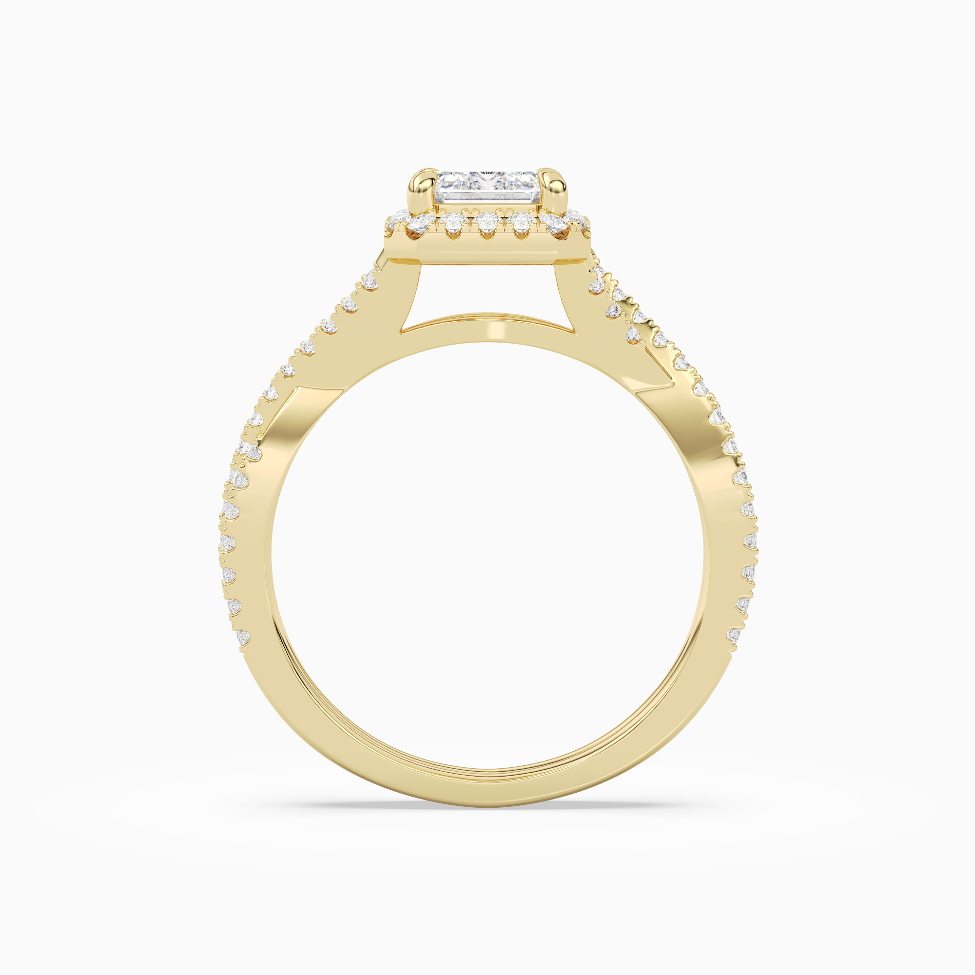 Emerald Twisted Shank Halo in 18K Yellow Gold side profile