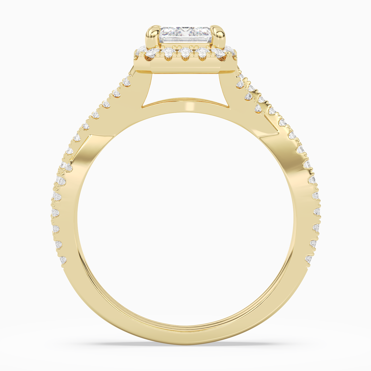 Emerald Twisted Shank Halo in 18K Yellow Gold side profile