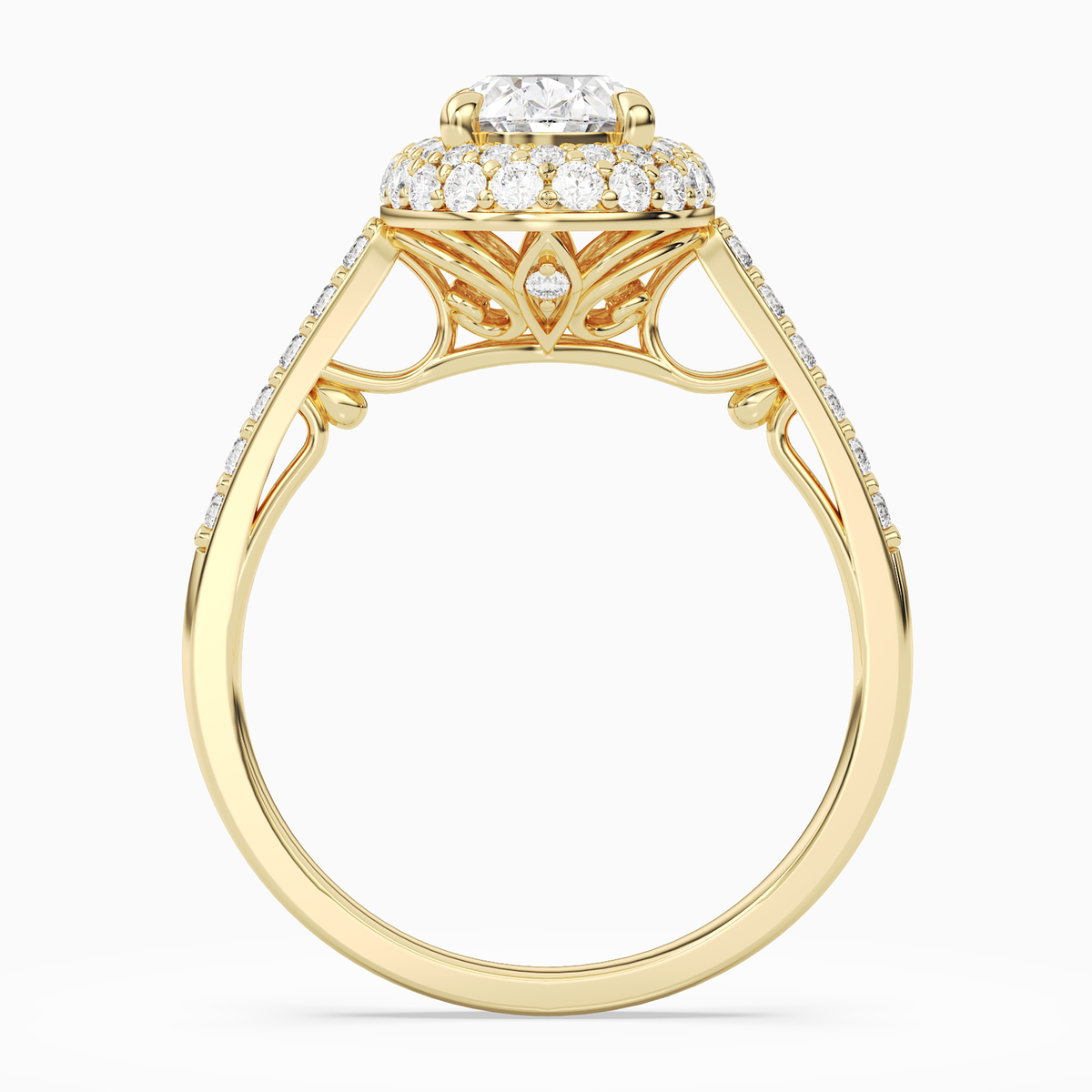 Oval Regal Halo Pavé in 18K Yellow Gold side profile