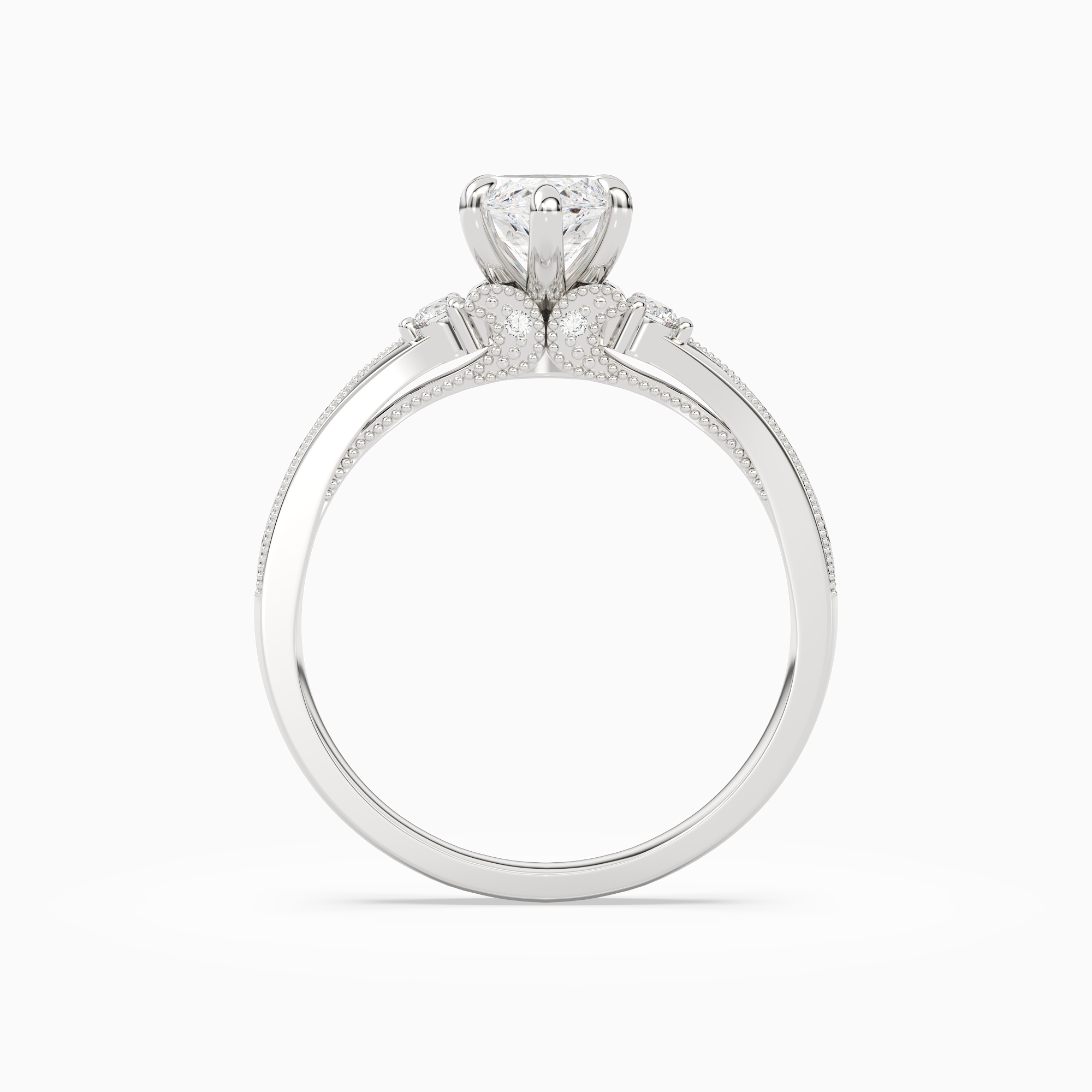Marquise Engraved Vintage Side Stone Ring in 14K White Gold side profile