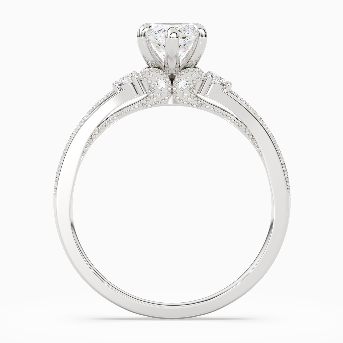 Marquise Engraved Vintage Side Stone Ring in 14K White Gold side profile