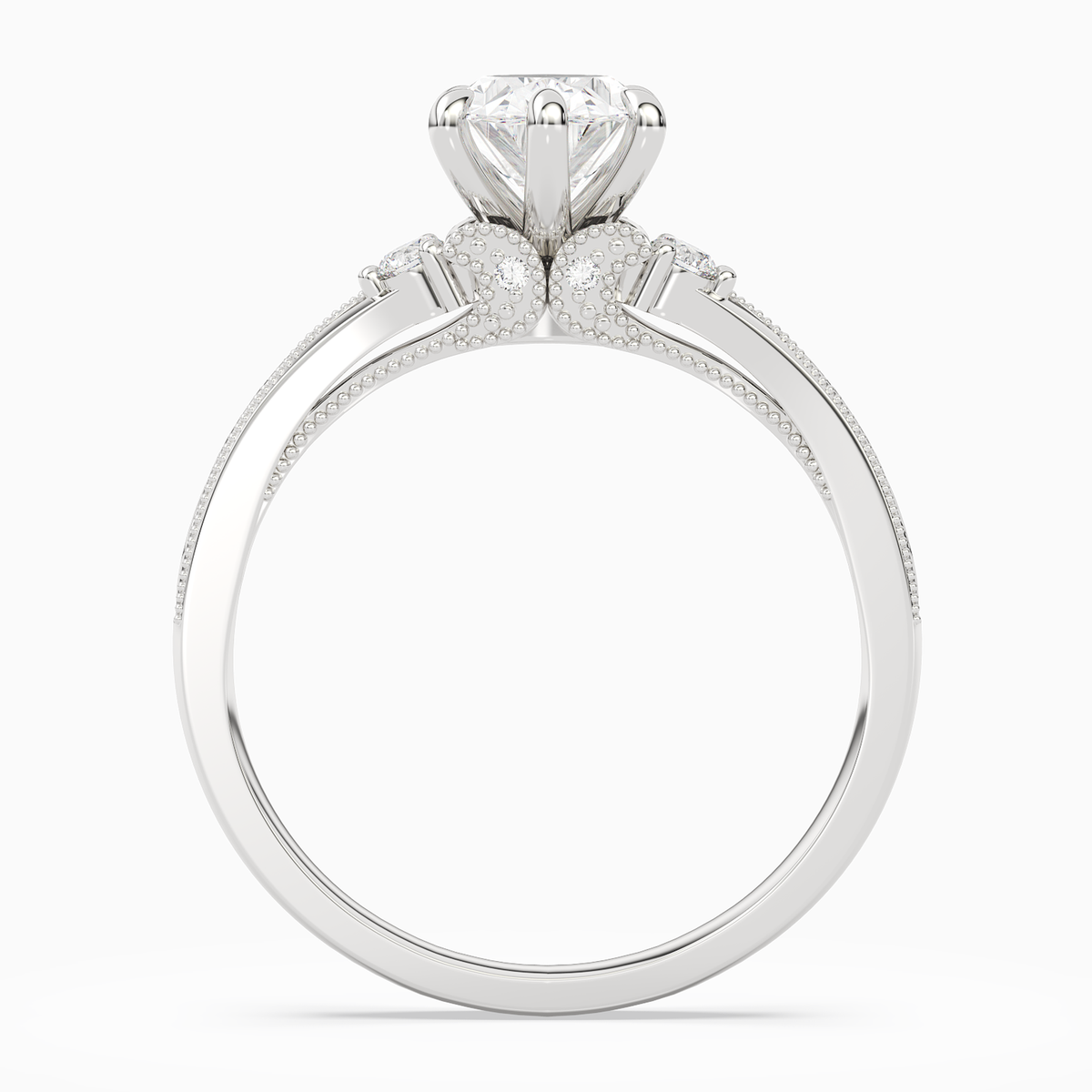 Oval Engraved Vintage Side Stone Ring in 14K White Gold side profile
