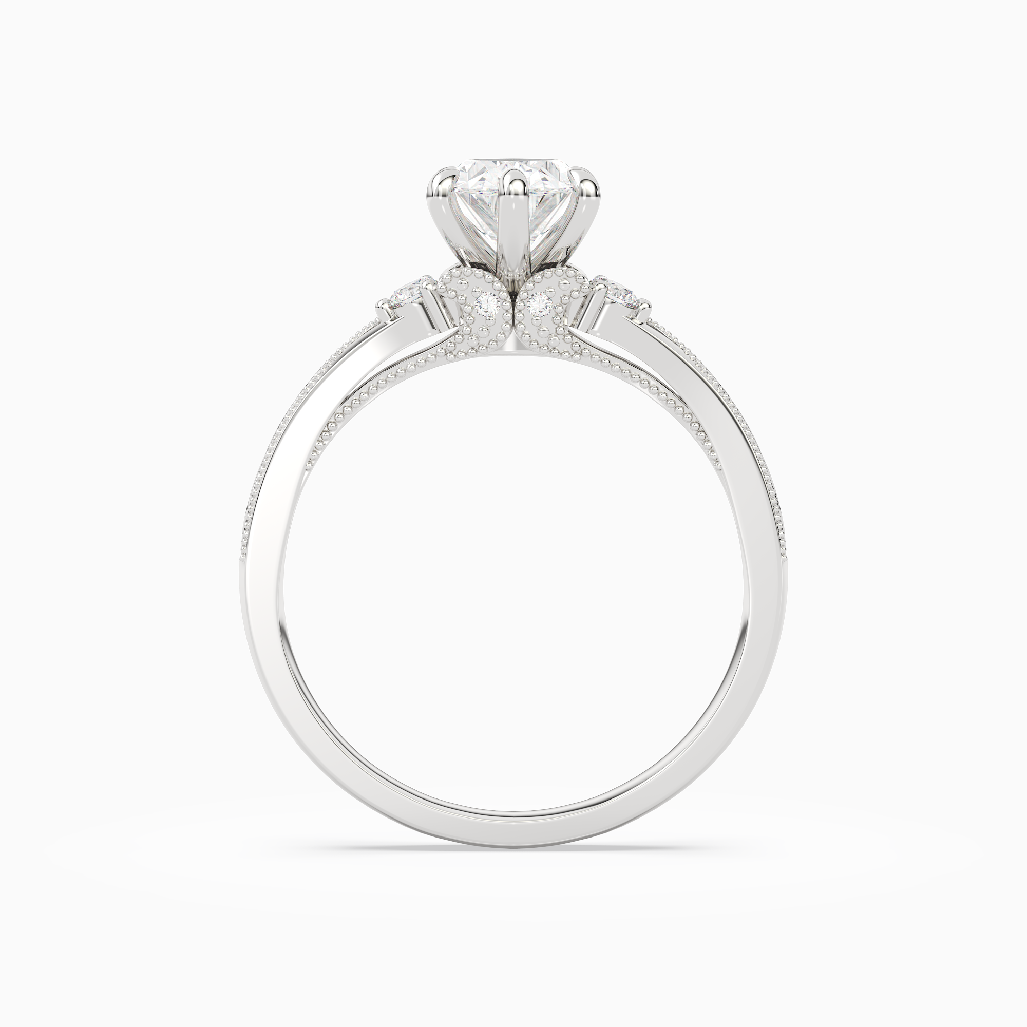 Oval Engraved Vintage Side Stone Ring in 18K White Gold side profile