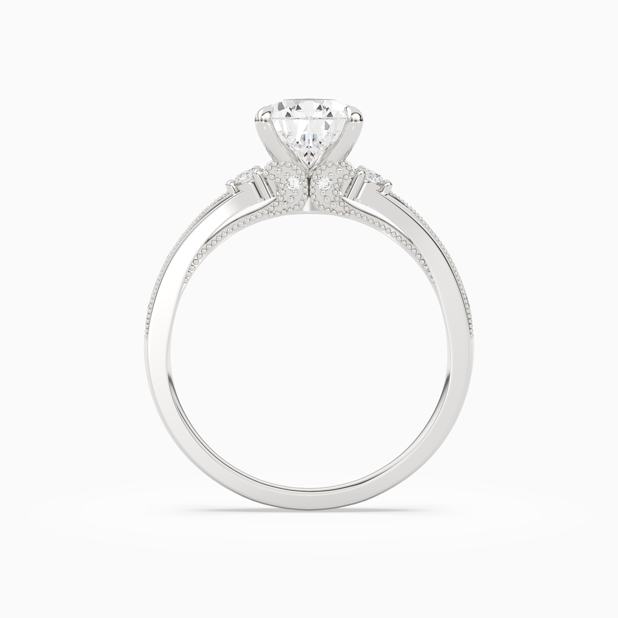 Pear Engraved Vintage Side Stone Ring in 18K White Gold side profile