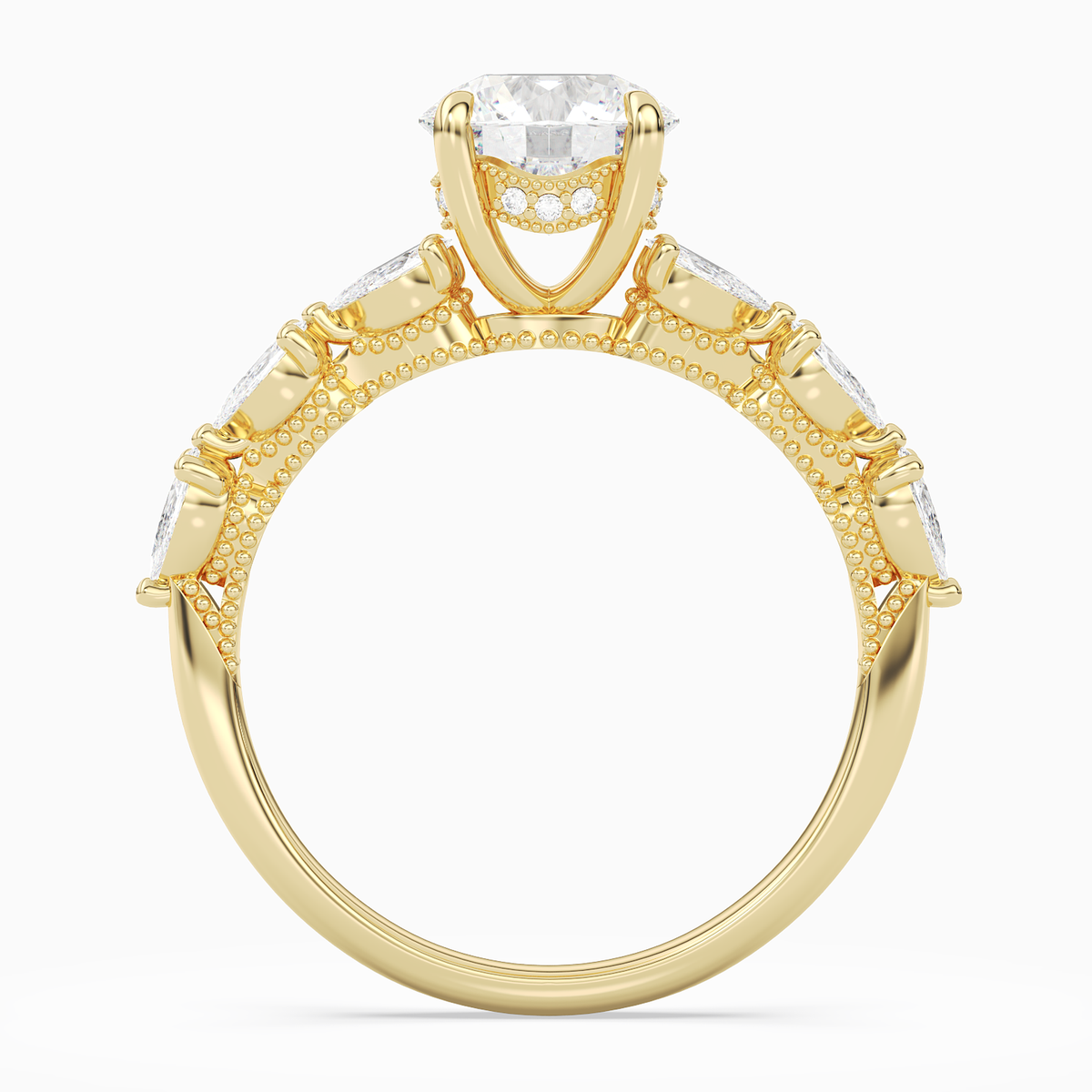 Round Crescent Pear Side Stone in 18K Yellow Gold side profile