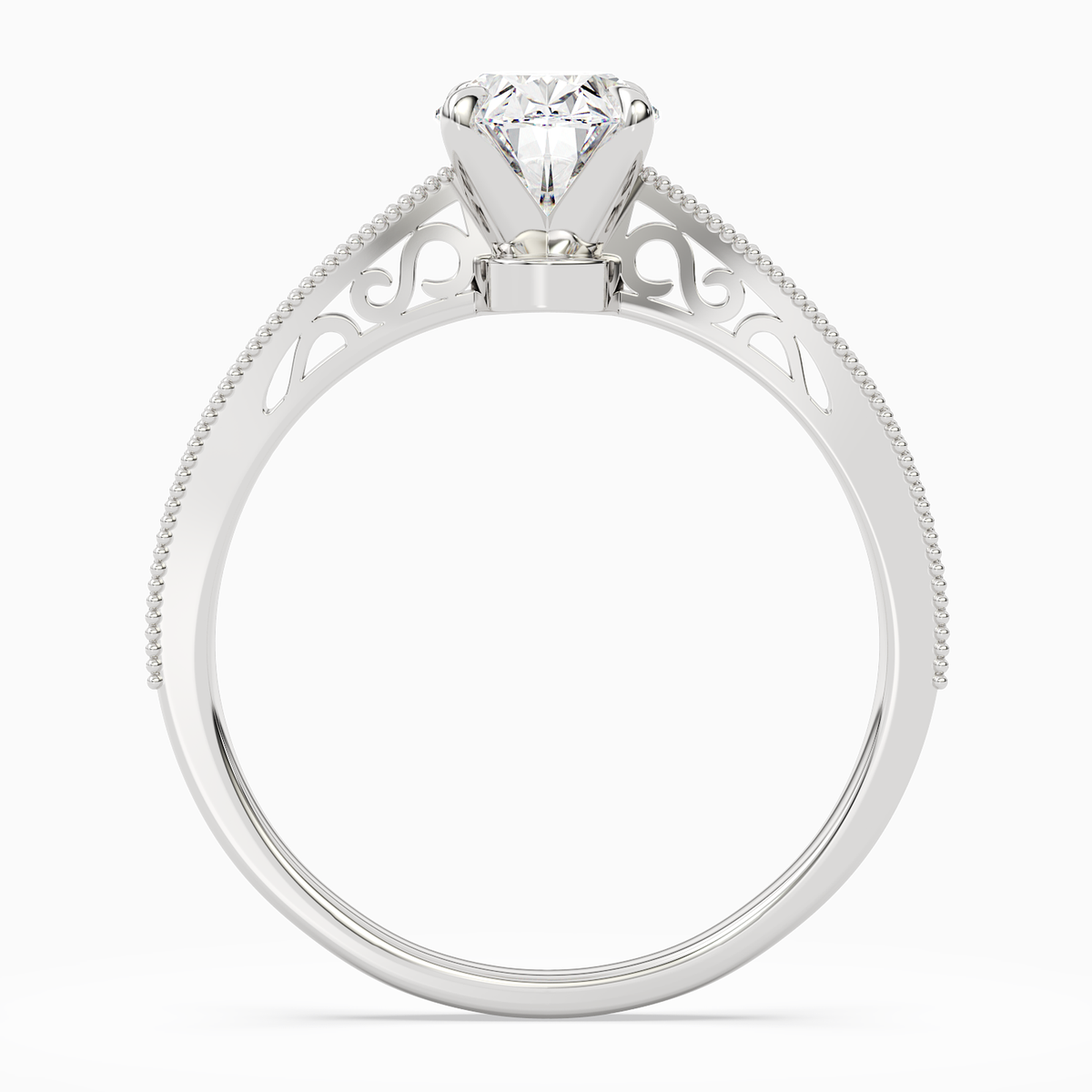 Oval Milgrain Edge Solitaire in 14K White Gold side profile