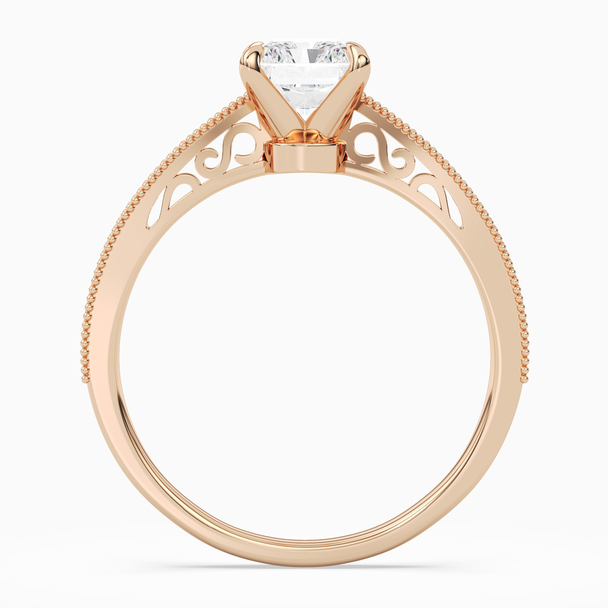 Radiant Milgrain Edge Solitaire in 14K Rose Gold side profile