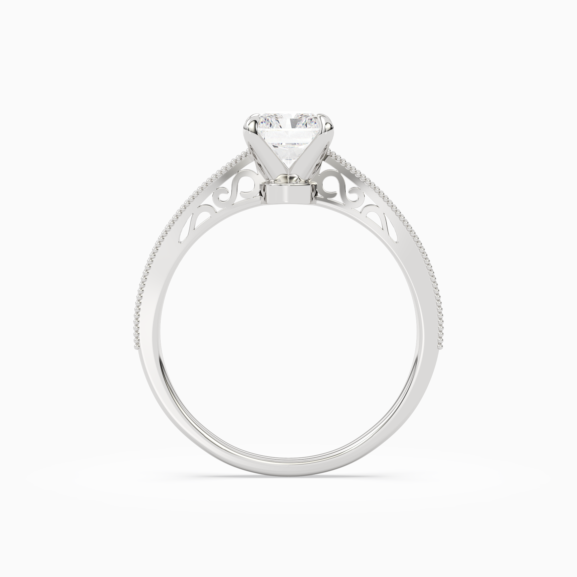Radiant Milgrain Edge Solitaire in 18K White Gold side profile