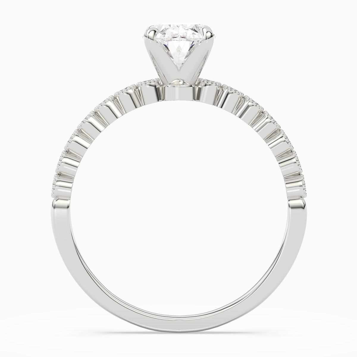 Oval Accent Shoulder Solitaire in 18K White Gold side profile