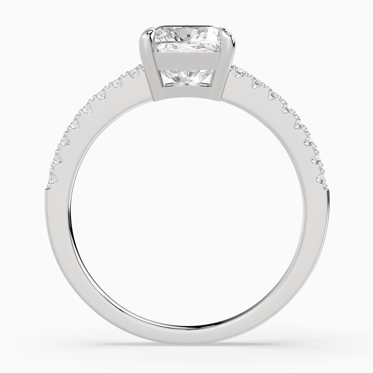 Cushion Classic Basket Pavé Solitaire in 14K White Gold side profile