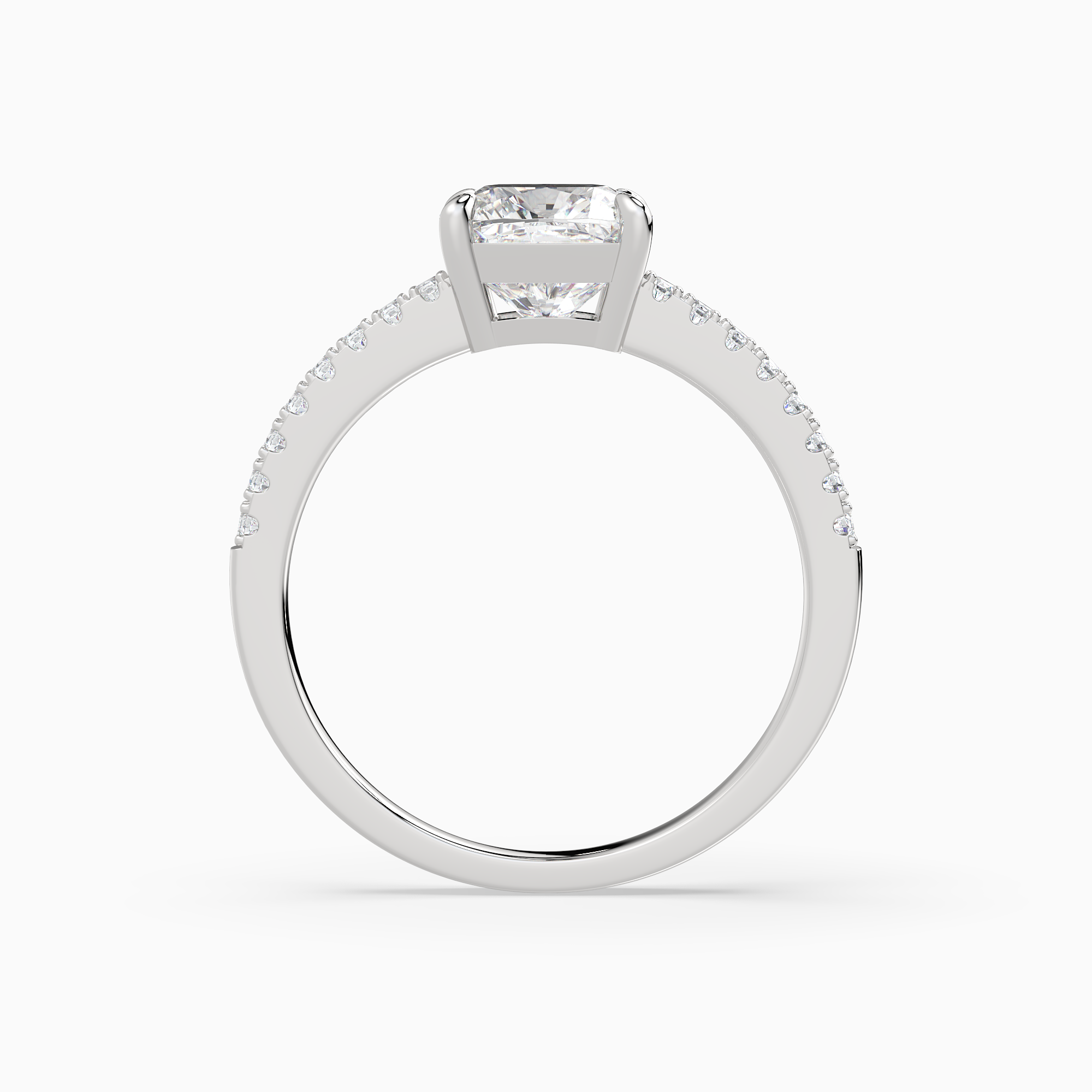 Cushion Classic Basket Pavé Solitaire in 18K White Gold side profile