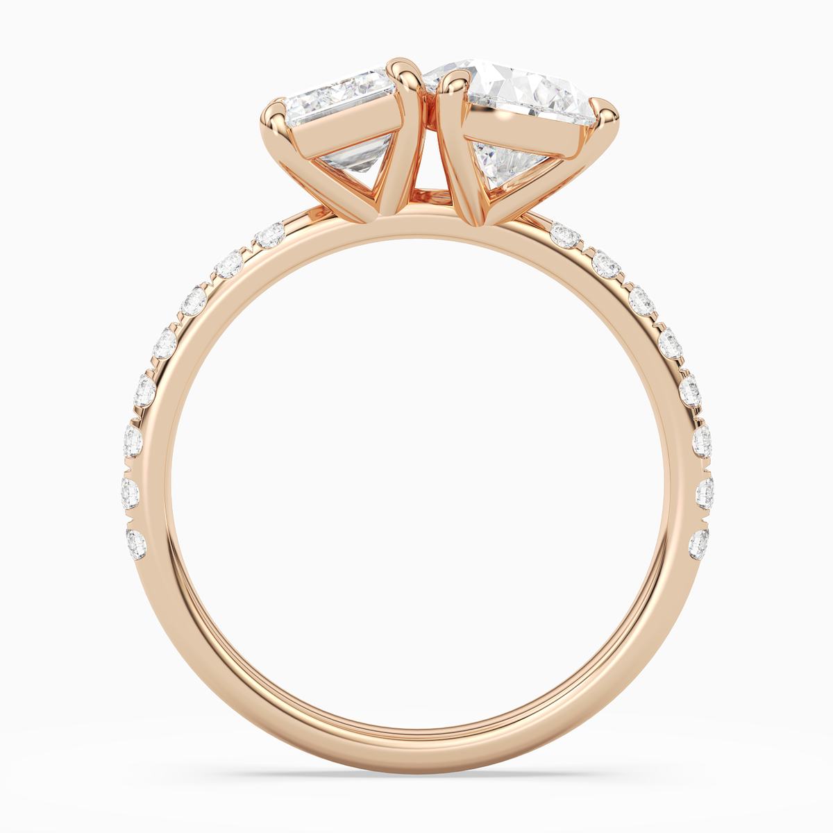 Emerald & Pear Accented Toi Et Moi in 14K Rose Gold side profile