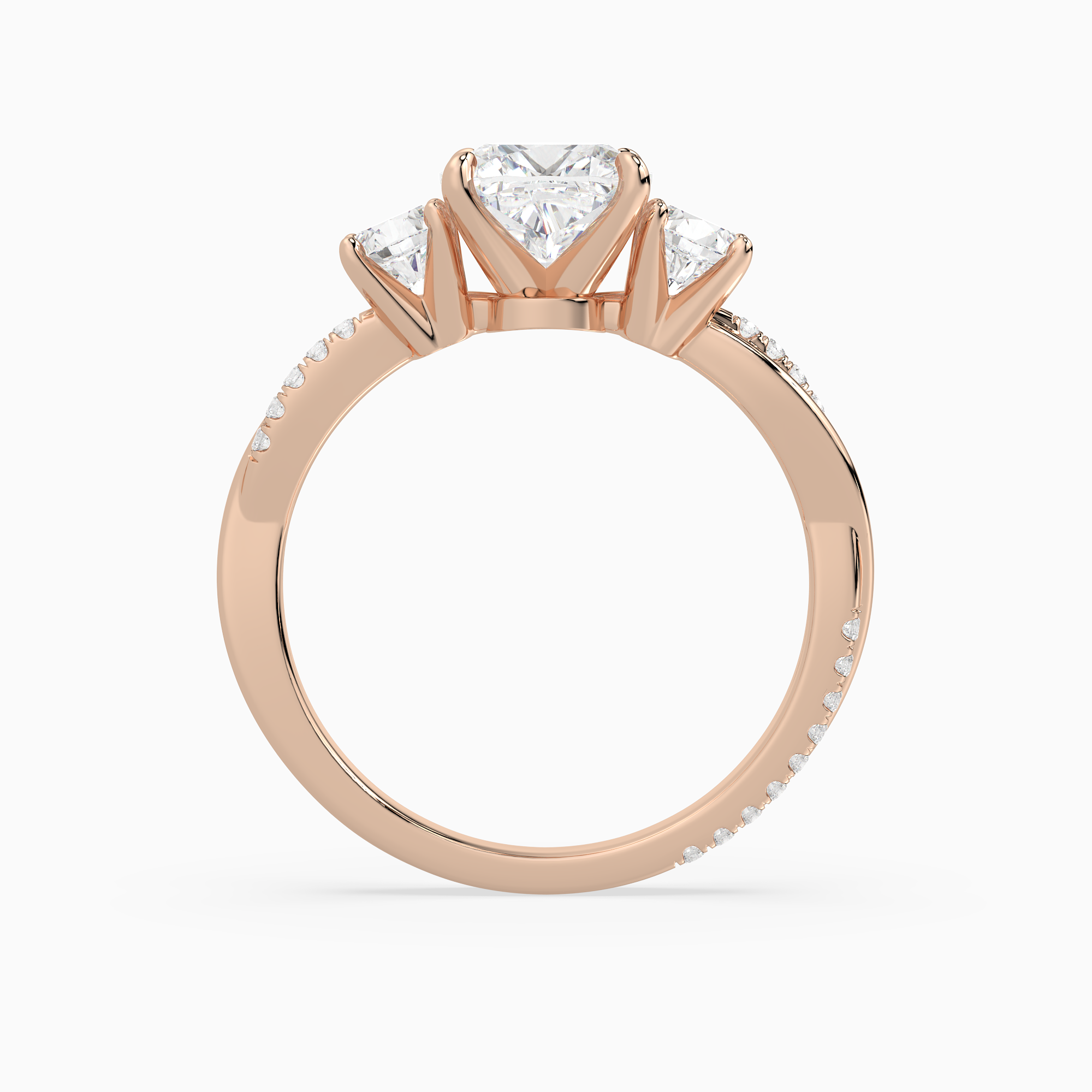 Cushion Twisted Vine Three Stone in 14K Rose Gold side profile