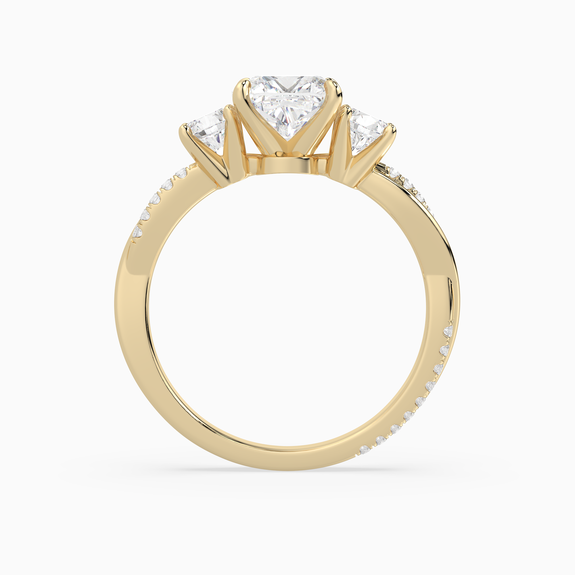Cushion Twisted Vine Three Stone in 14K Yellow Gold side profile