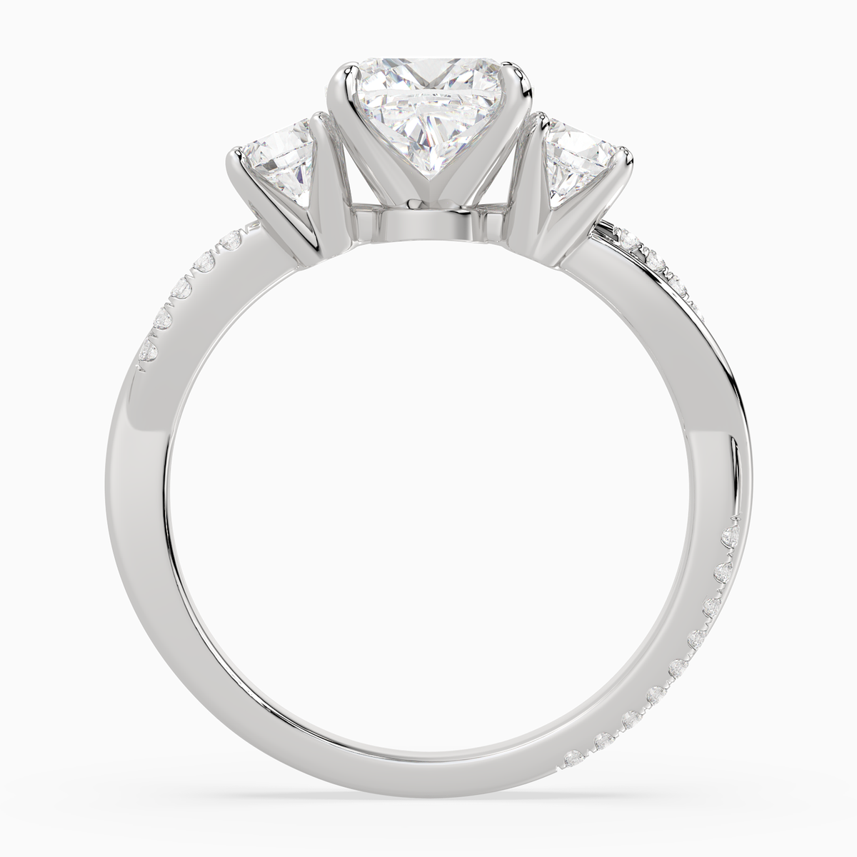 Cushion Twisted Vine Three Stone in 18K White Gold side profile