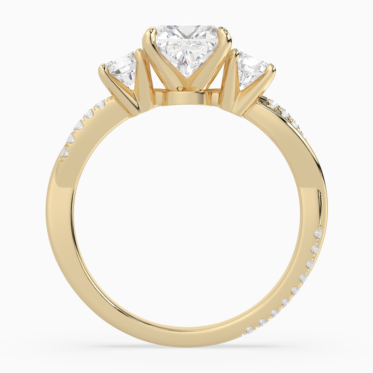 Cushion Twisted Vine Three Stone in 18K Yellow Gold side profile