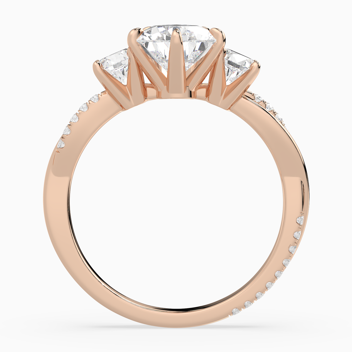 Pear Twisted Vine Three Stone in 14K Rose Gold side profile