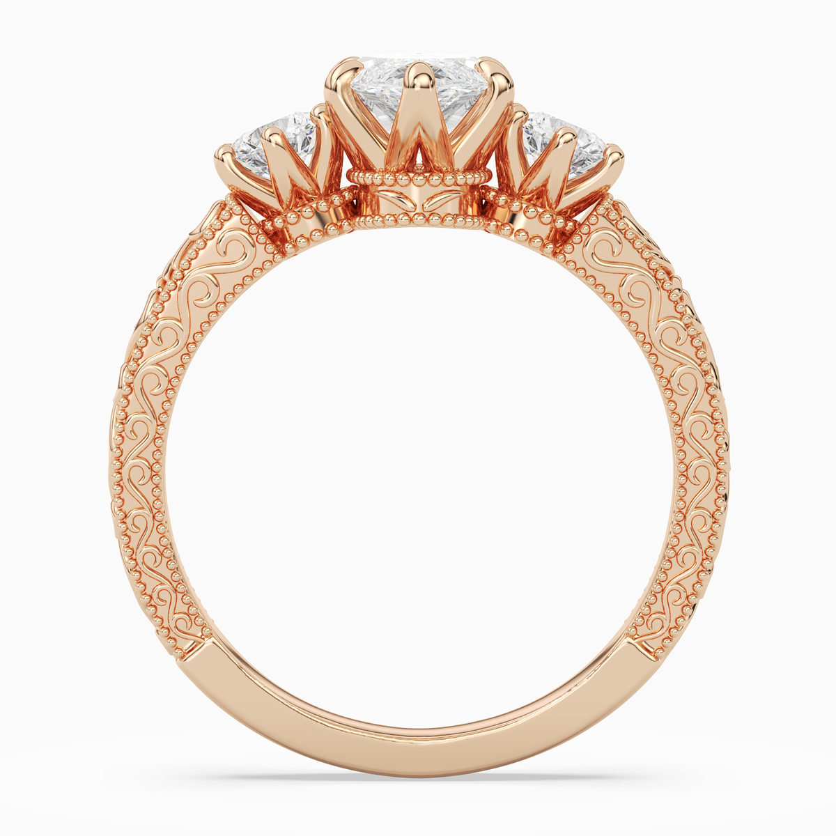 Marquise Engraved Vintage Three Stone in 14K Rose Gold side profile