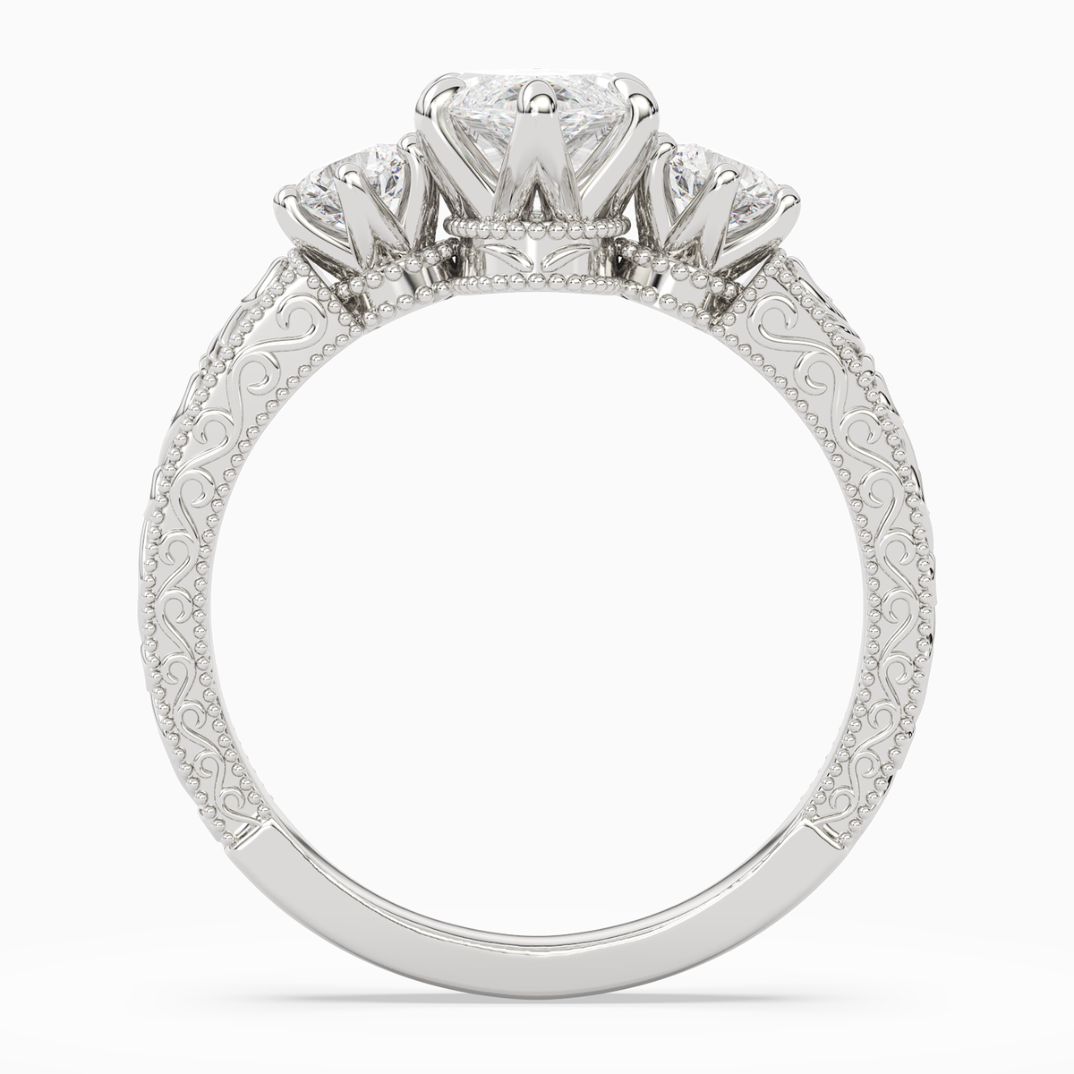 Marquise Engraved Vintage Three Stone in 14K White Gold side profile