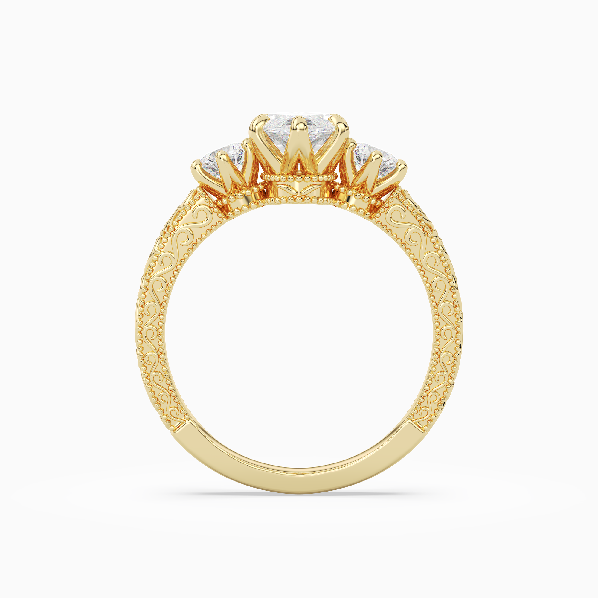 Marquise Engraved Vintage Three Stone in 18K Yellow Gold side profile