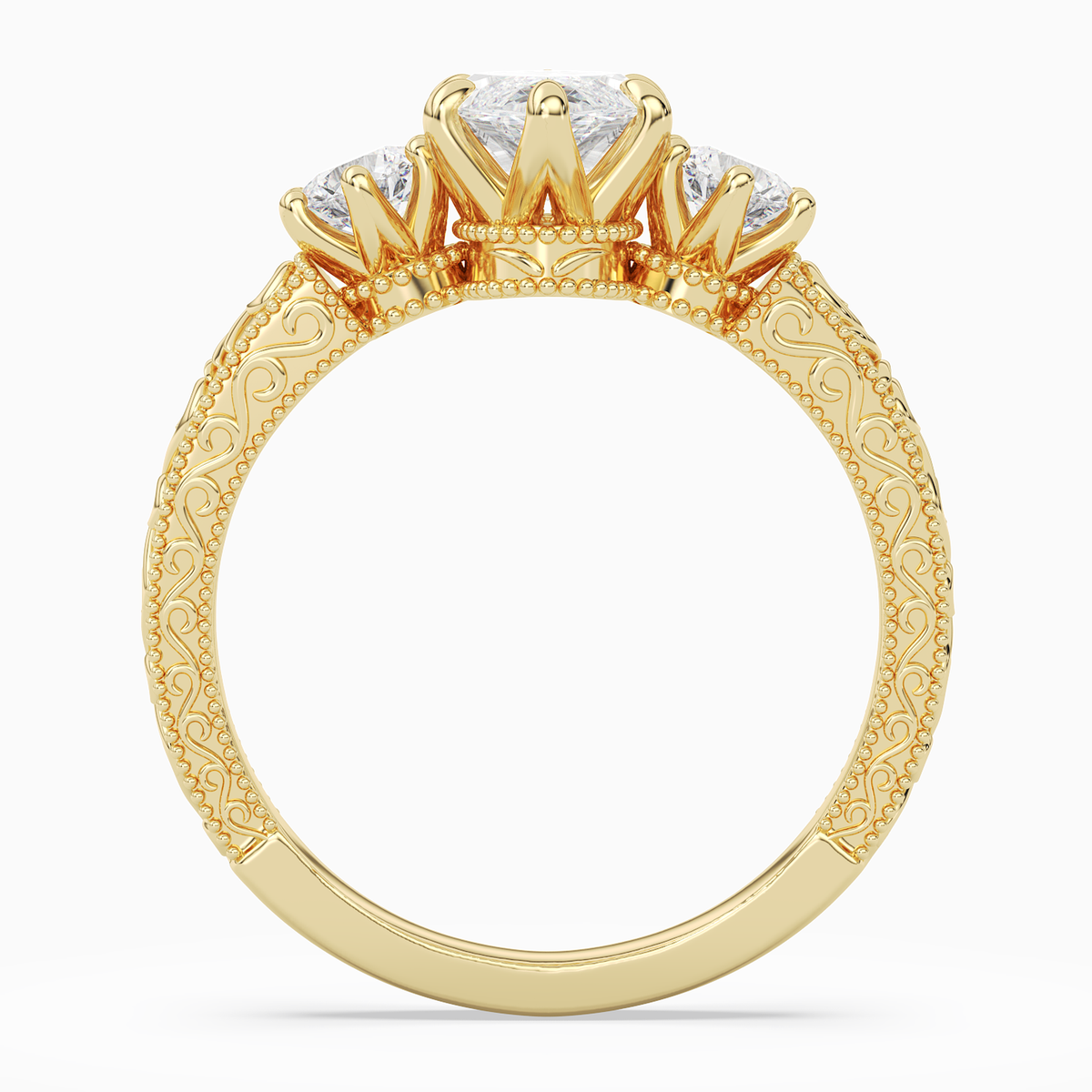 Marquise Engraved Vintage Three Stone in 18K Yellow Gold side profile