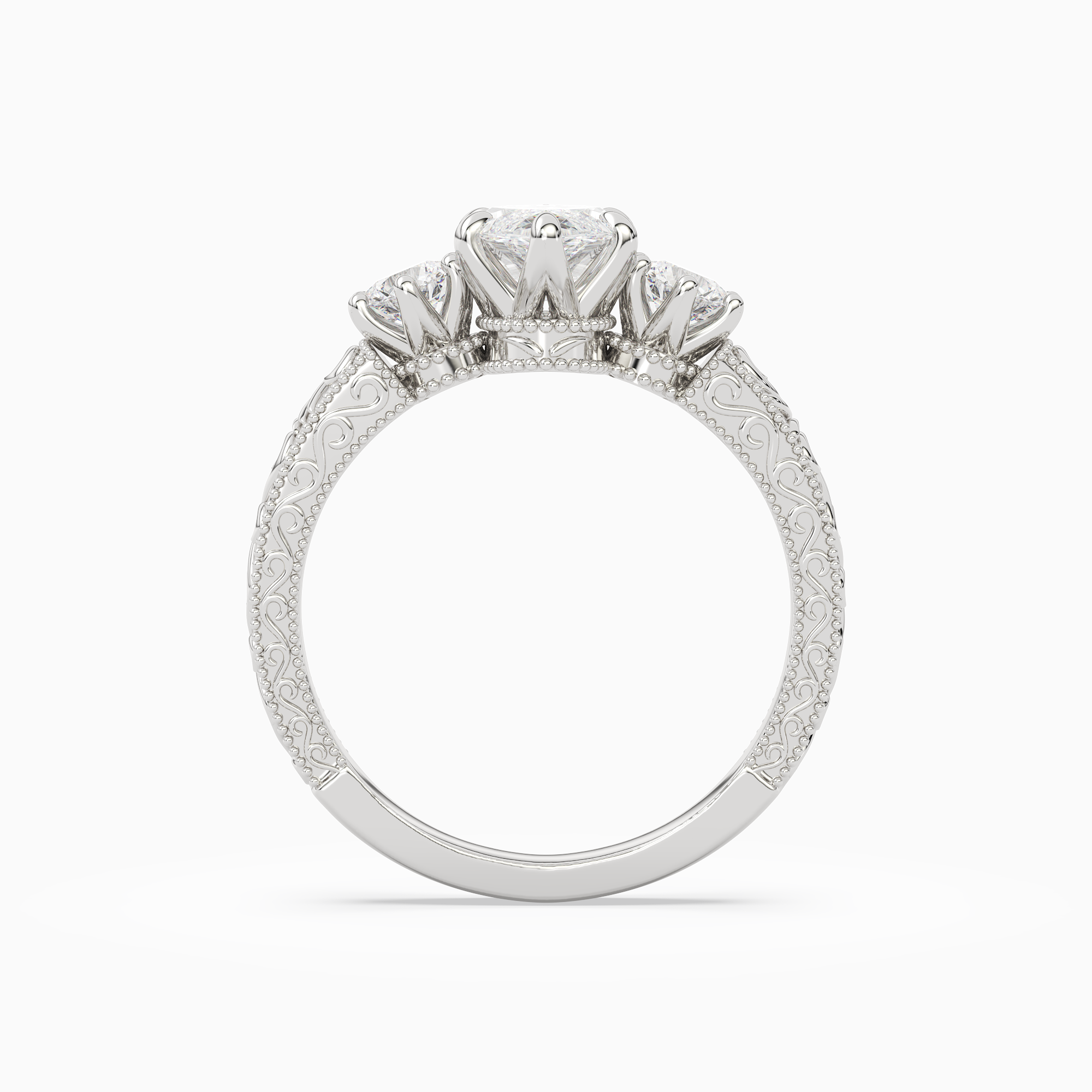 Marquise Engraved Vintage Three Stone in Platinum side profile