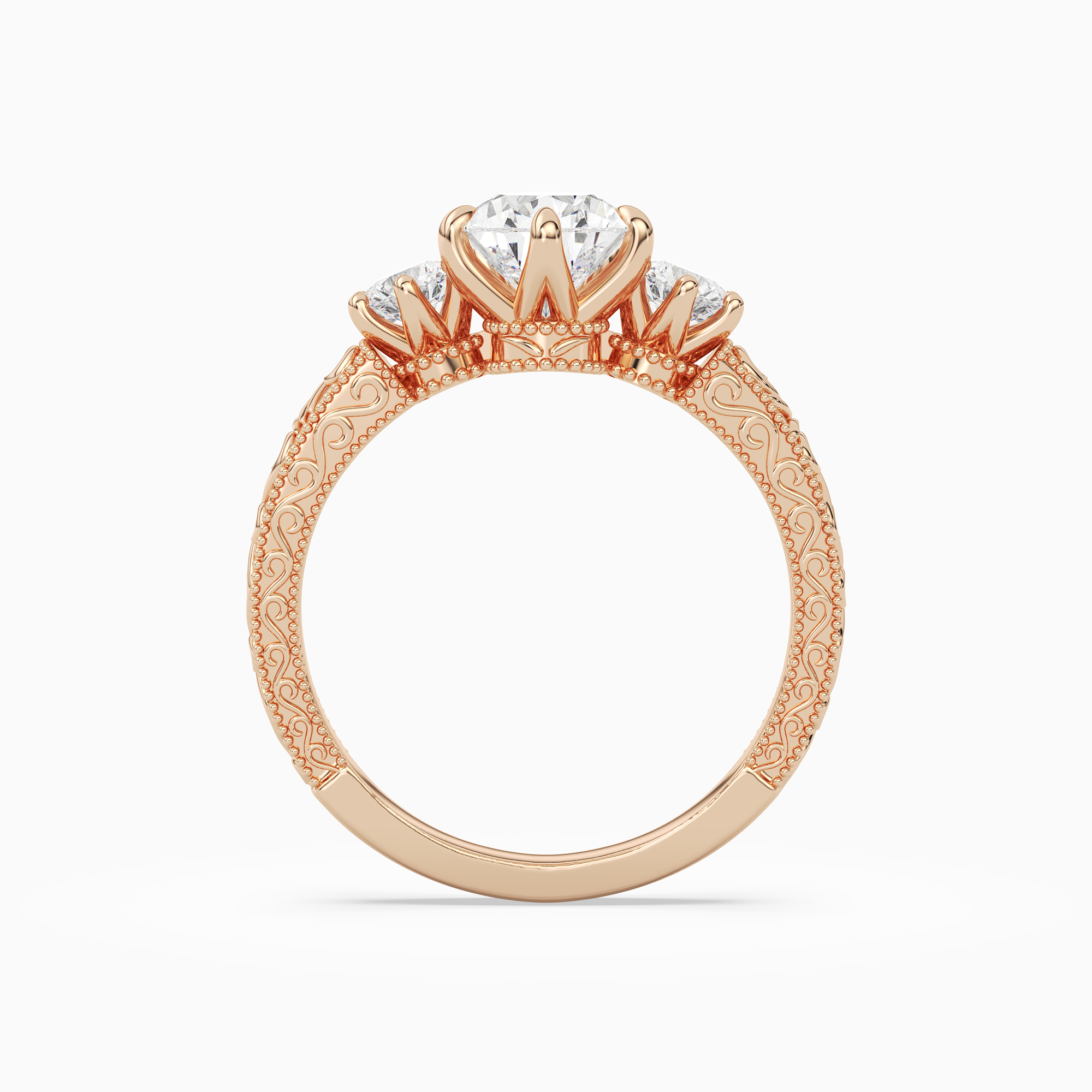 Pear Engraved Vintage Three Stone in 14K Rose Gold side profile