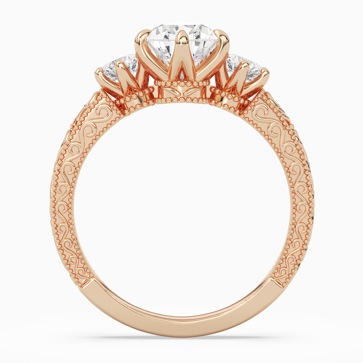Pear Engraved Vintage Three Stone in 14K Rose Gold side profile
