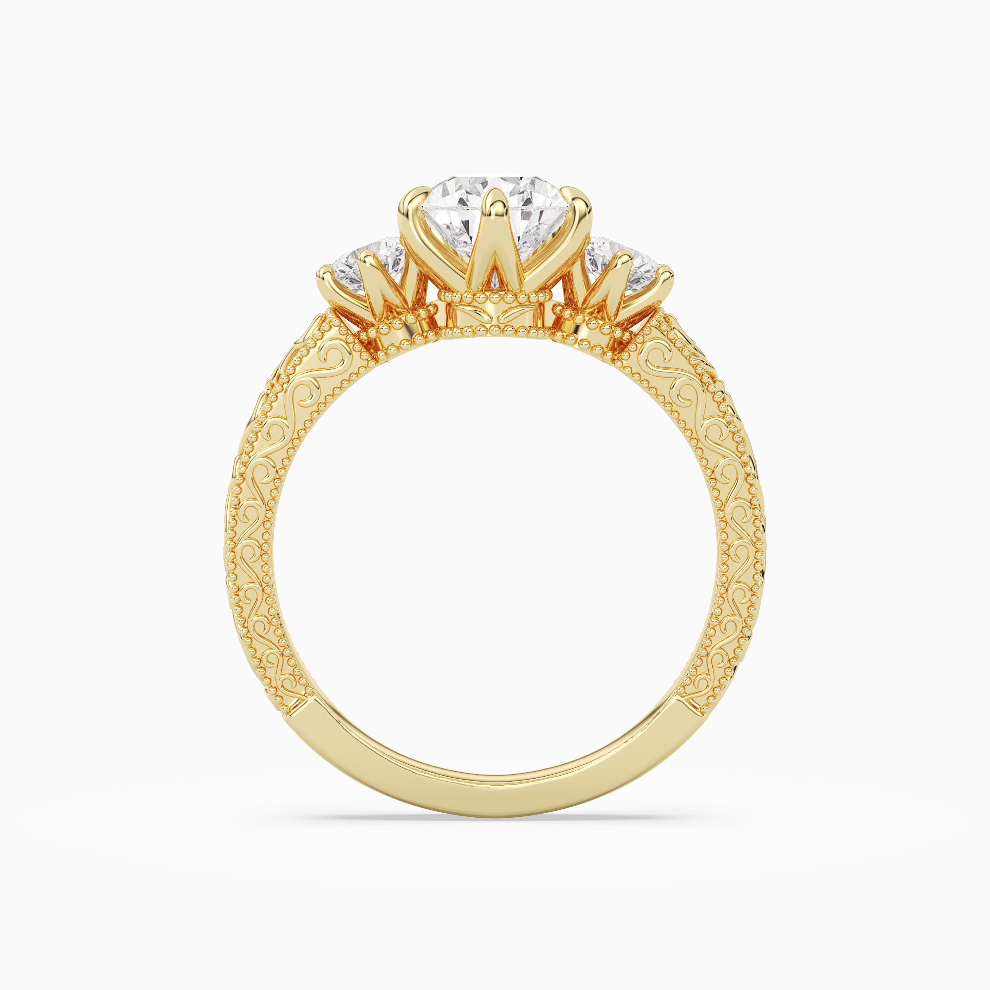 Pear Engraved Vintage Three Stone in 14K Yellow Gold side profile