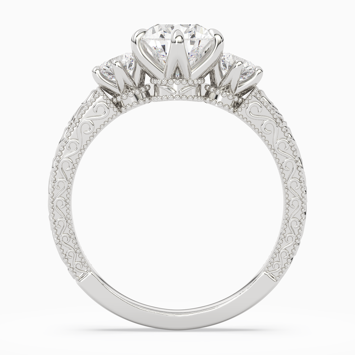 Pear Engraved Vintage Three Stone in Platinum side profile