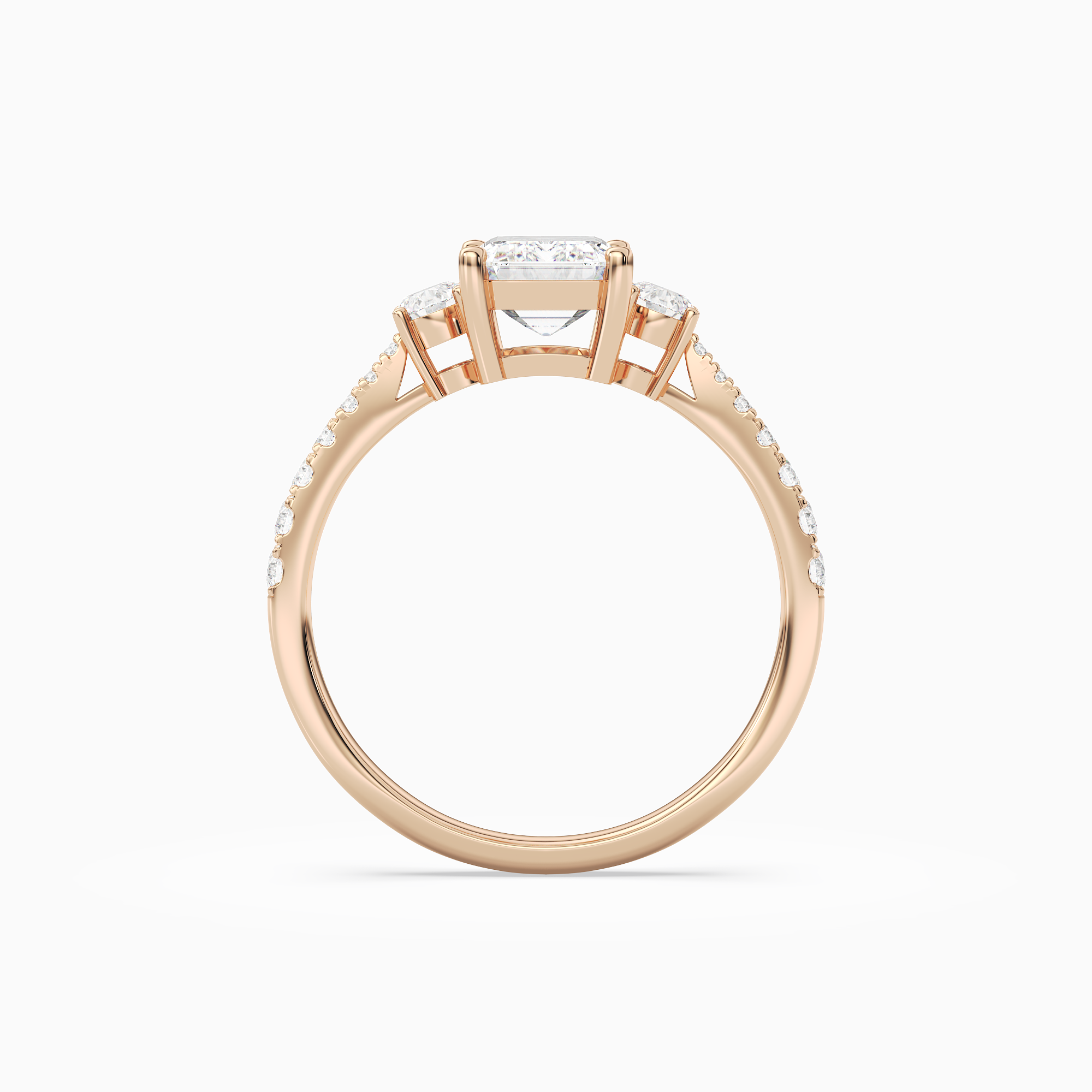 Emerald Classic Round Three Stone Pavé in 14K Rose Gold side profile
