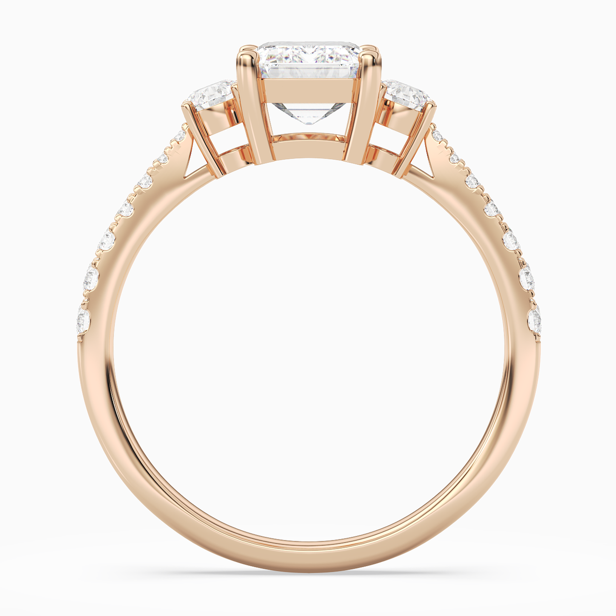 Emerald Classic Round Three Stone Pavé in 14K Rose Gold side profile
