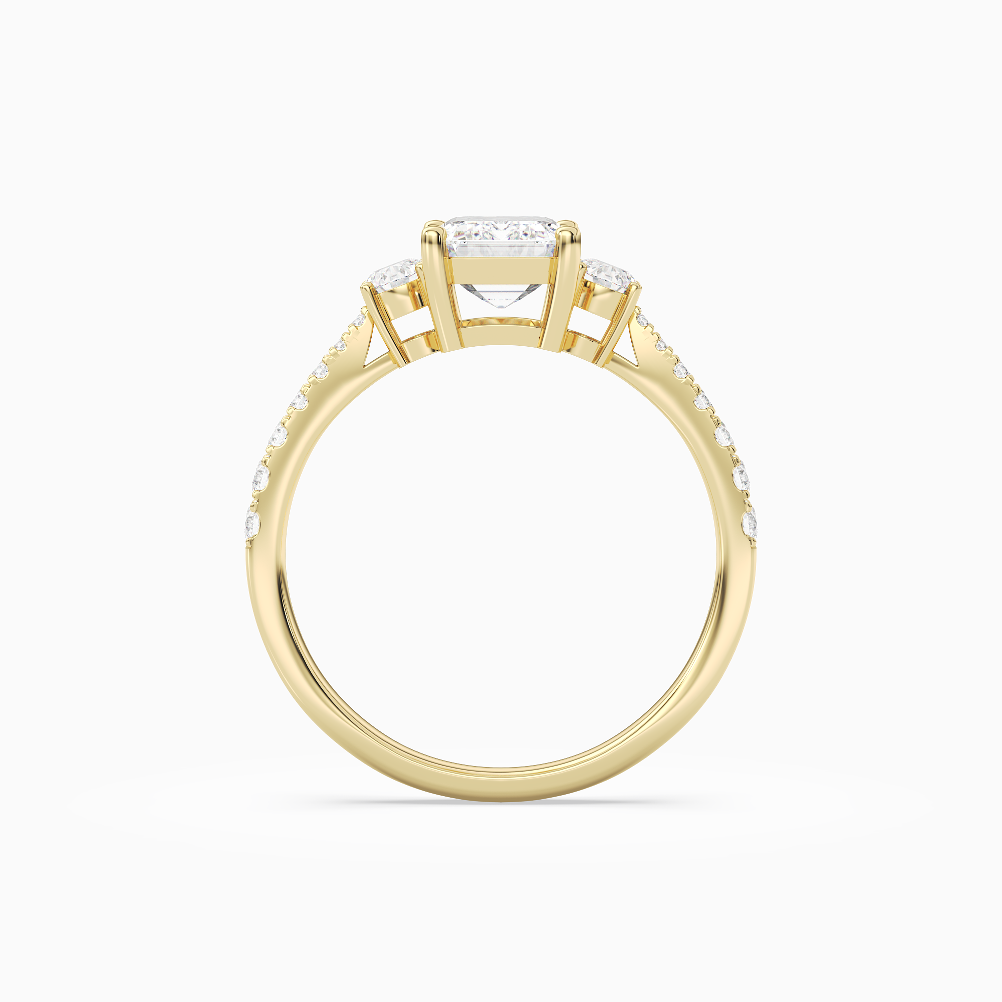 Emerald Classic Round Three Stone Pavé in 14K Yellow Gold side profile