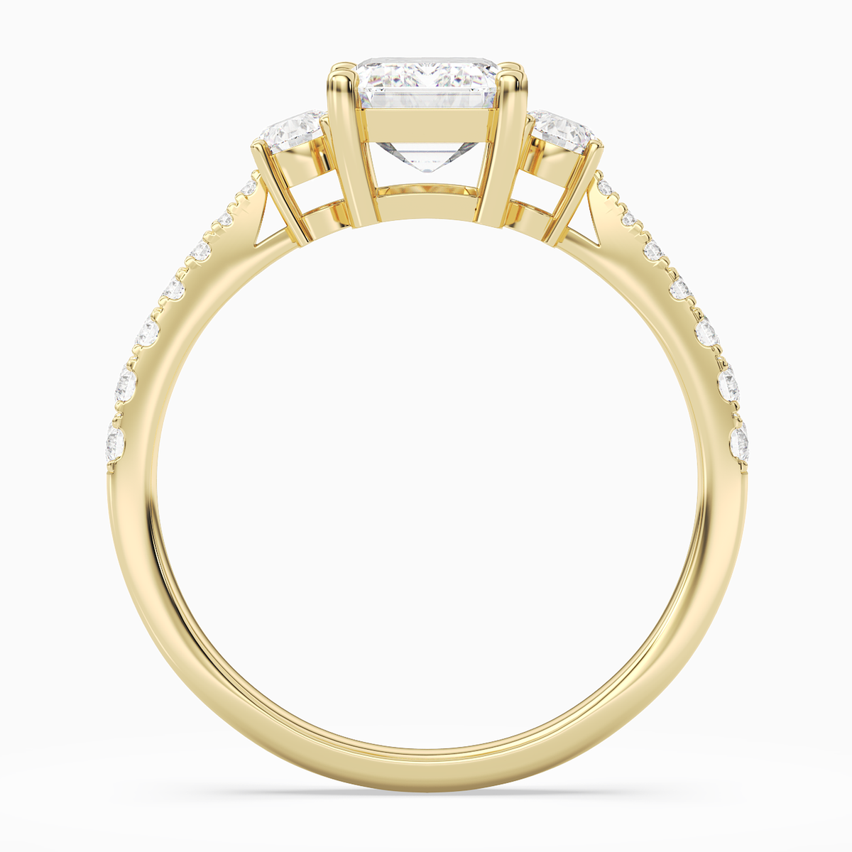 Emerald Classic Round Three Stone Pavé in 18K Yellow Gold side profile