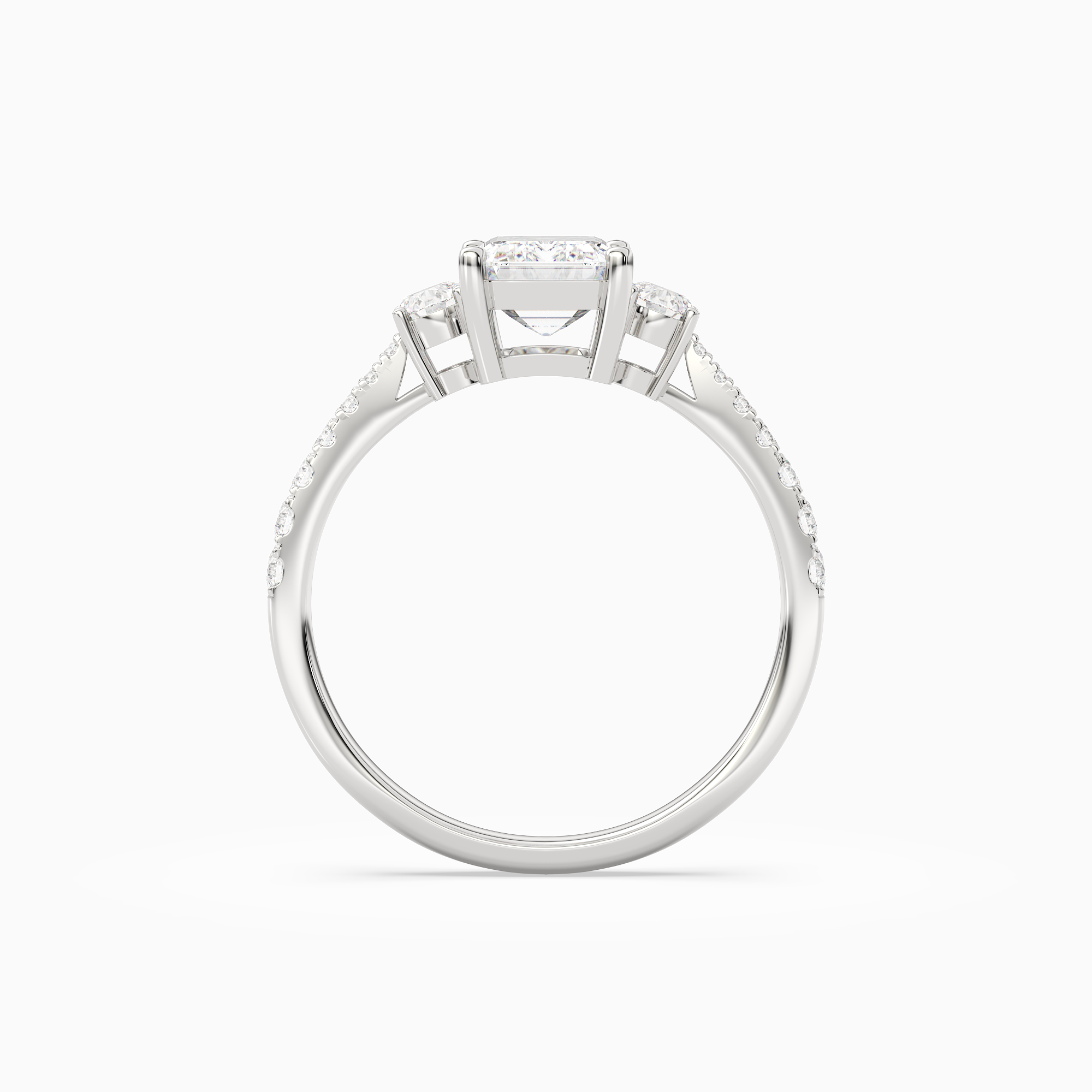 Emerald Classic Round Three Stone Pavé in Platinum side profile